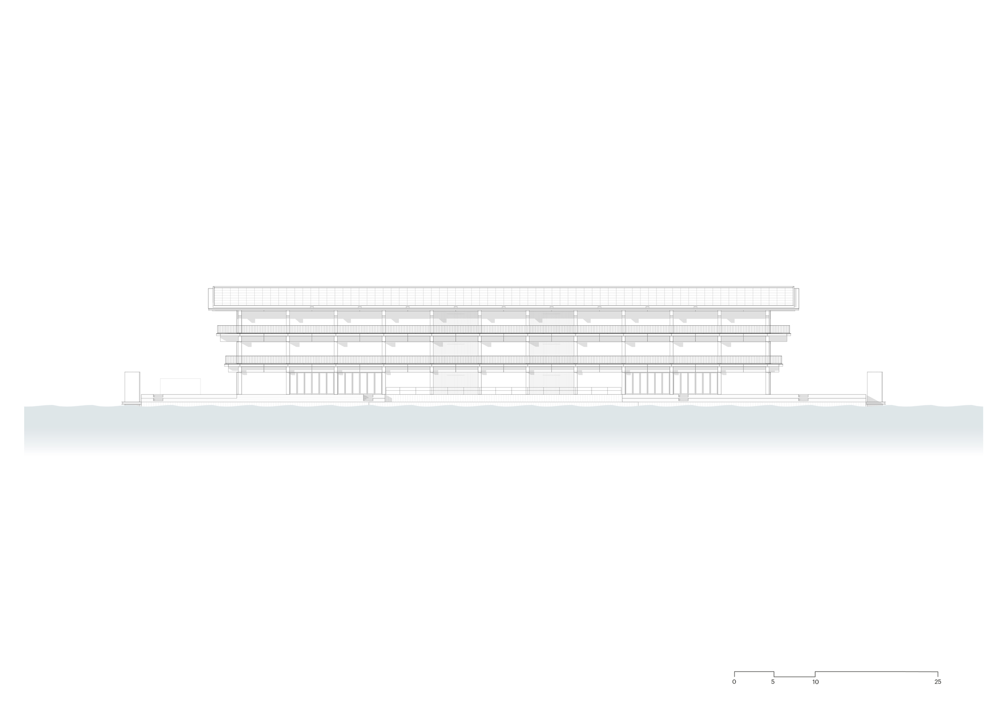 Elevation drawing illustrating the symmetrical facade with dual vertical column bays under layered rooflines