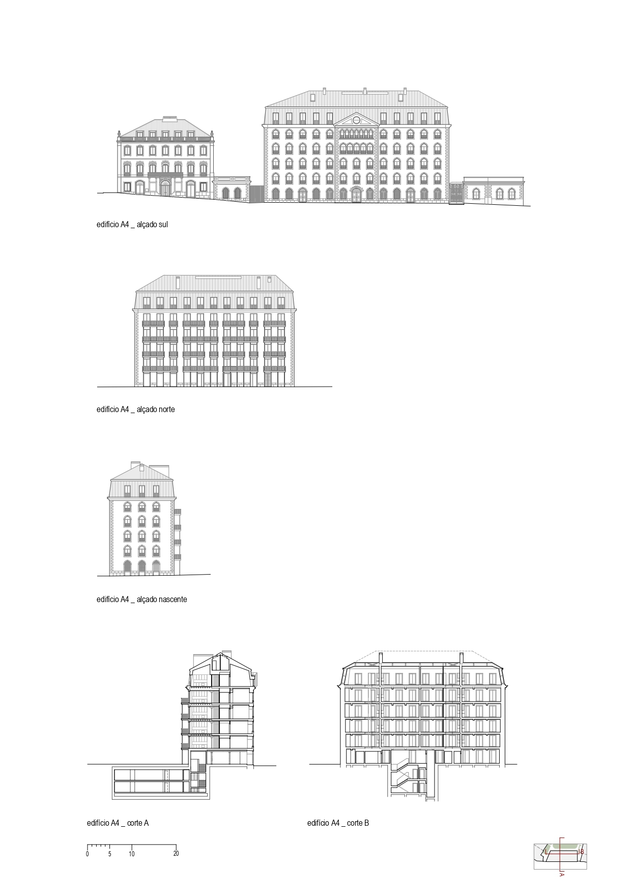 Elevation and section drawings depicting a multistory residential complex with arched openings and repetitive window modules