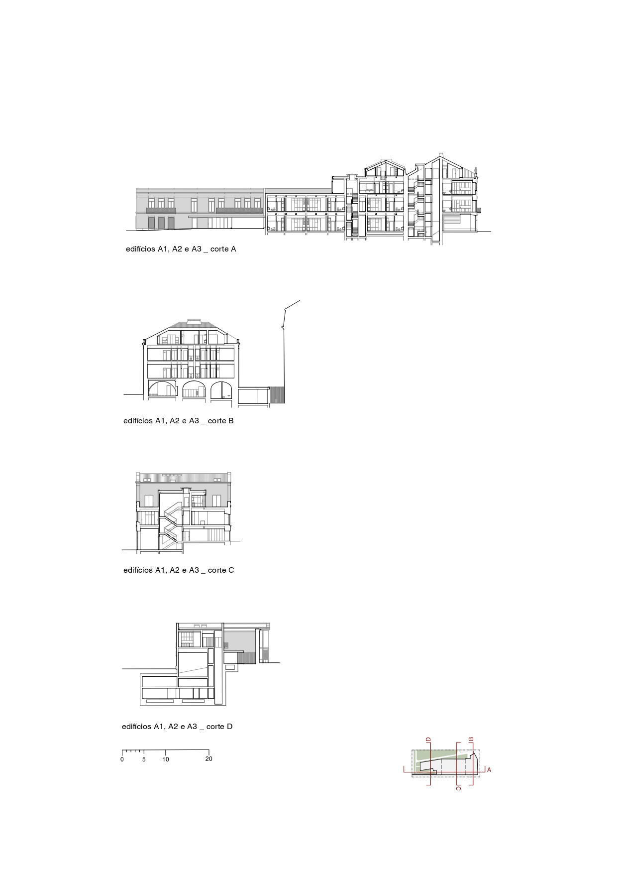 Section drawings revealing the interior spatial organization across multiple floors of connected buildings