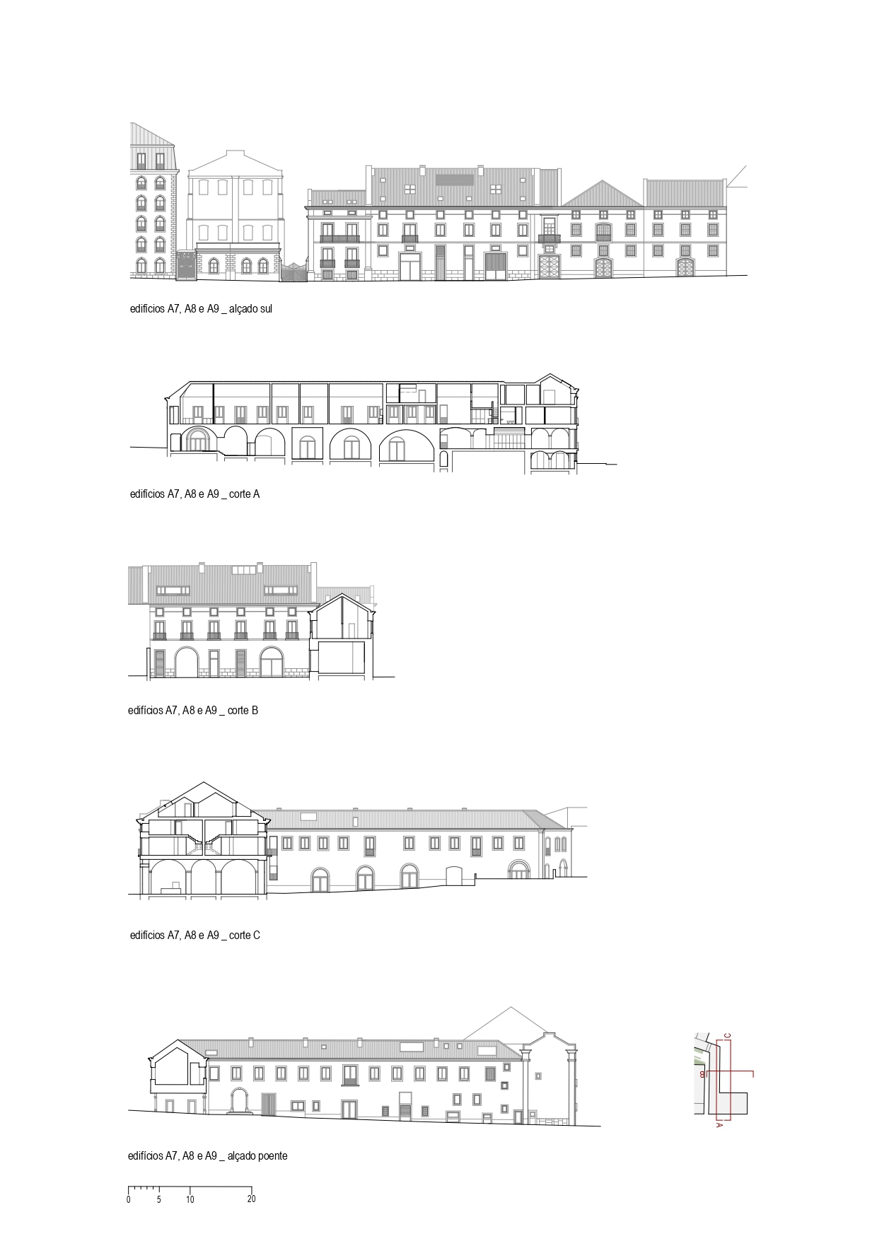 Elevation and section drawings illustrating facade variations and internal structure of a complex with gabled roofs