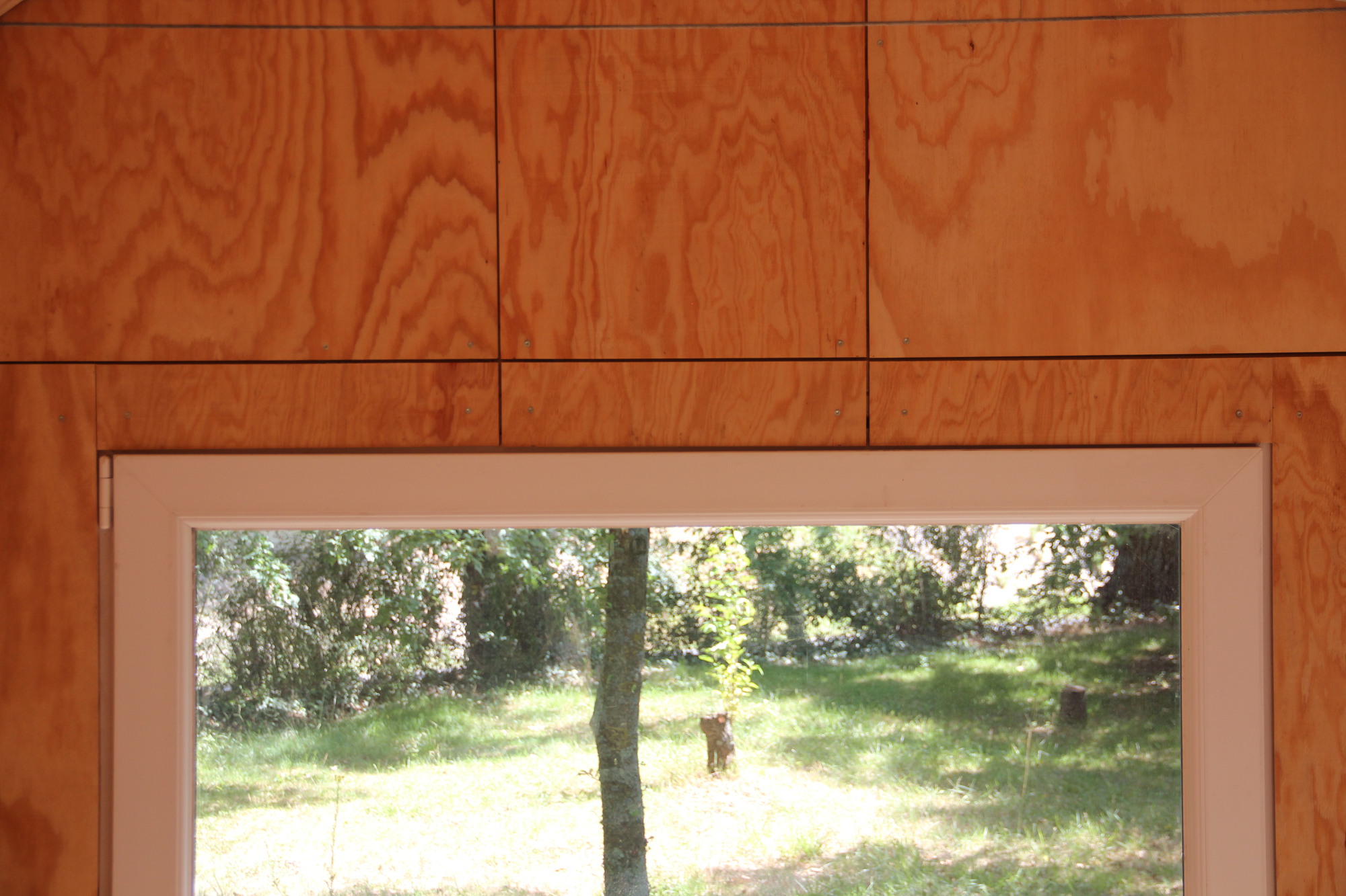 Detail of plywood panel wall above a horizontal window frame looking out to the grass clearing