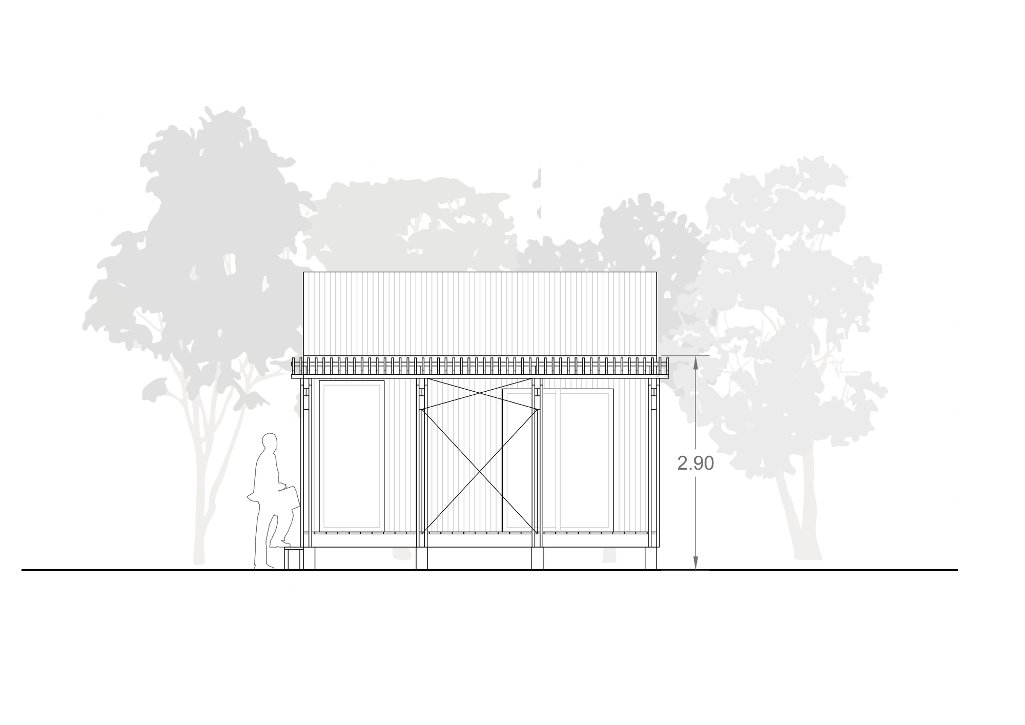 Section drawing revealing the raised floor structure with cross-bracing and a figure standing below