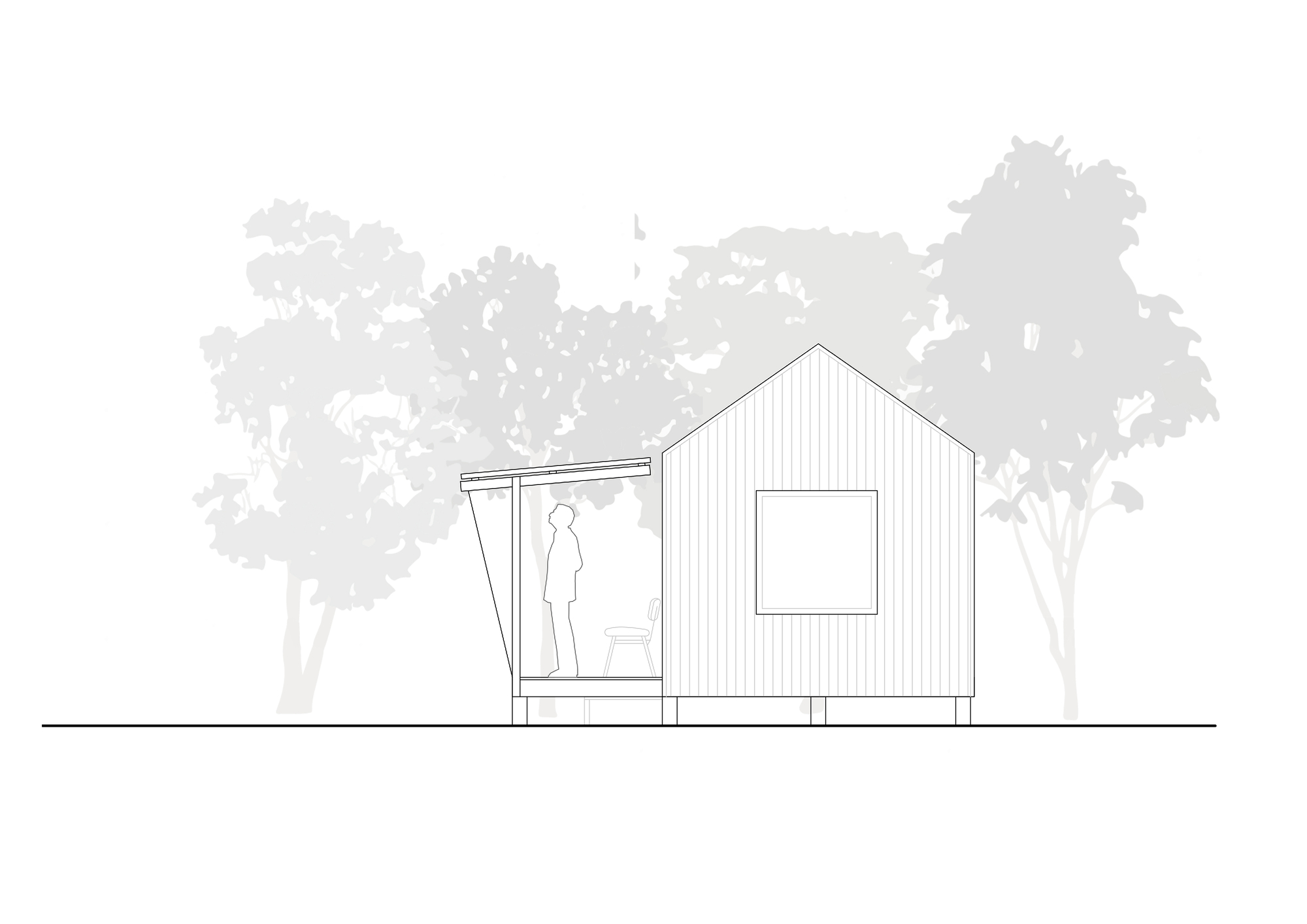 Elevation drawing showing the angled glazed porch with a figure inside and tree silhouettes beyond