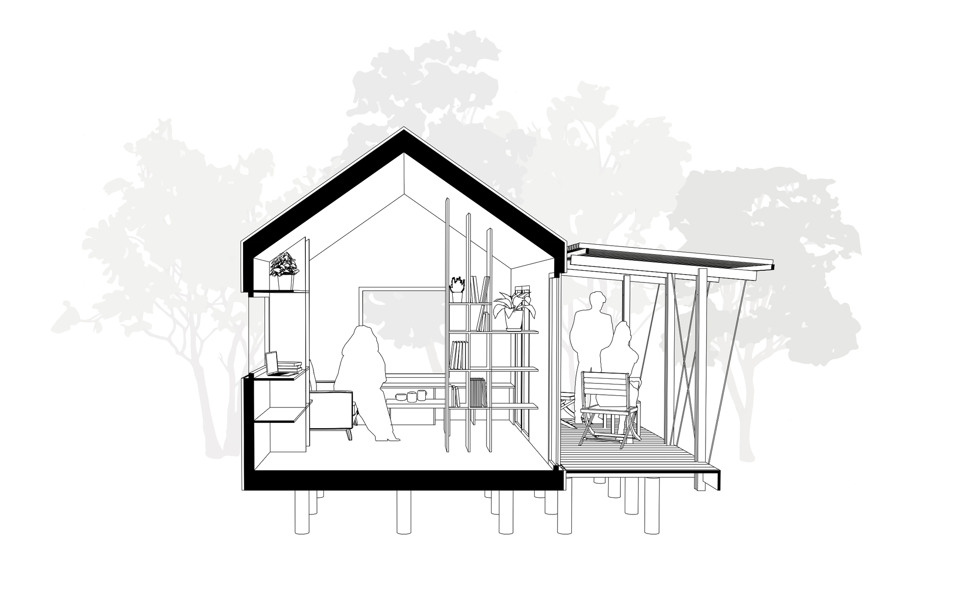 Section drawing revealing interior living spaces and covered porch with swing on timber piles