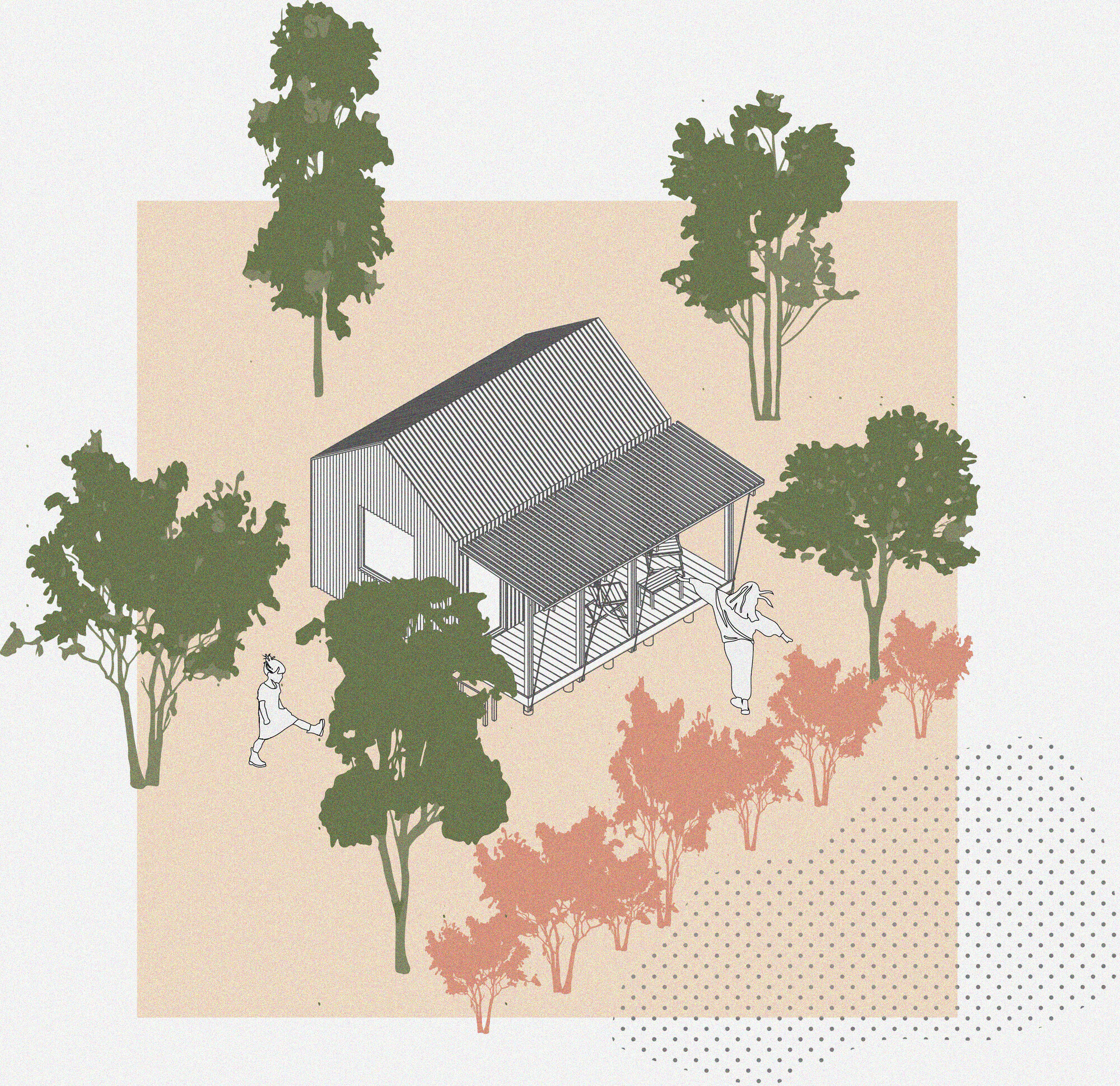 Axonometric drawing of corrugated-roof pavilion nestled among landscaped trees and shrubs with figures