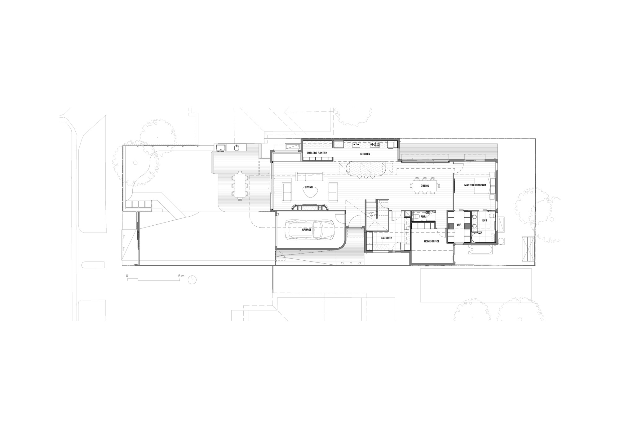Ground floor plan drawing showing open living spaces with a central staircase and kitchen along the side