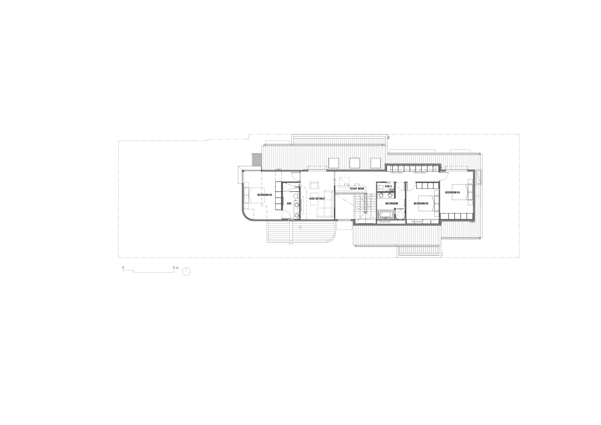 Upper floor plan drawing showing bedroom suites arranged along a central corridor with staircase access