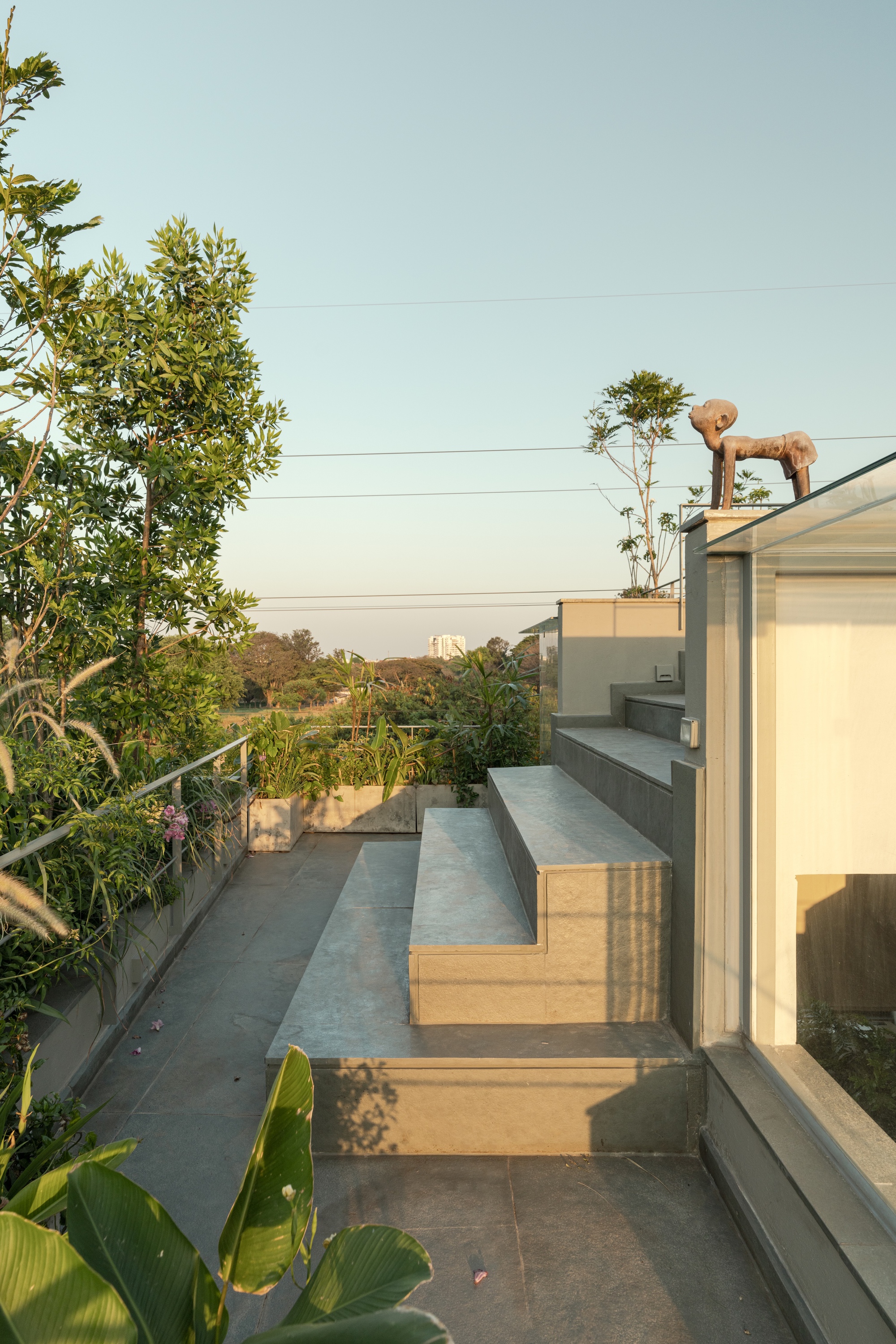 Rooftop terrace with timber and concrete benches overlooking planted beds at sunset