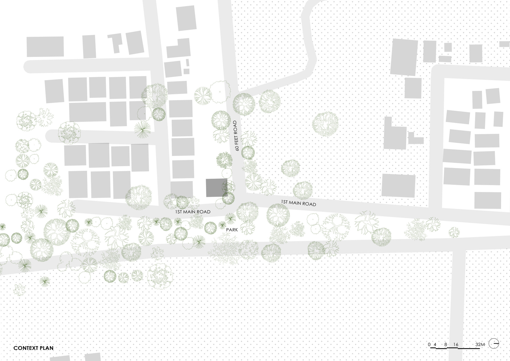 Context plan drawing showing the building footprint among surrounding structures, roads, and tree canopies
