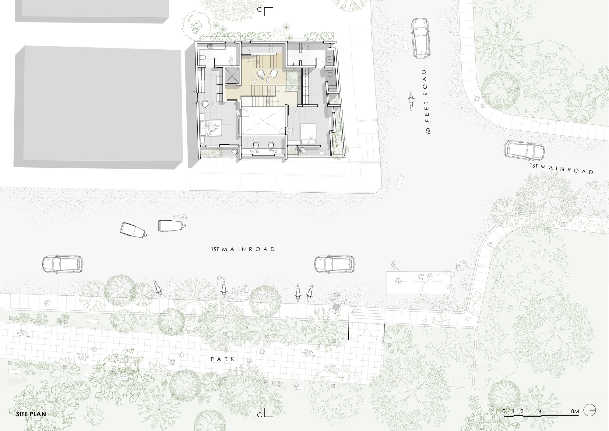 Site plan drawing depicting the residence with ground floor layout, parking, and landscaped park area