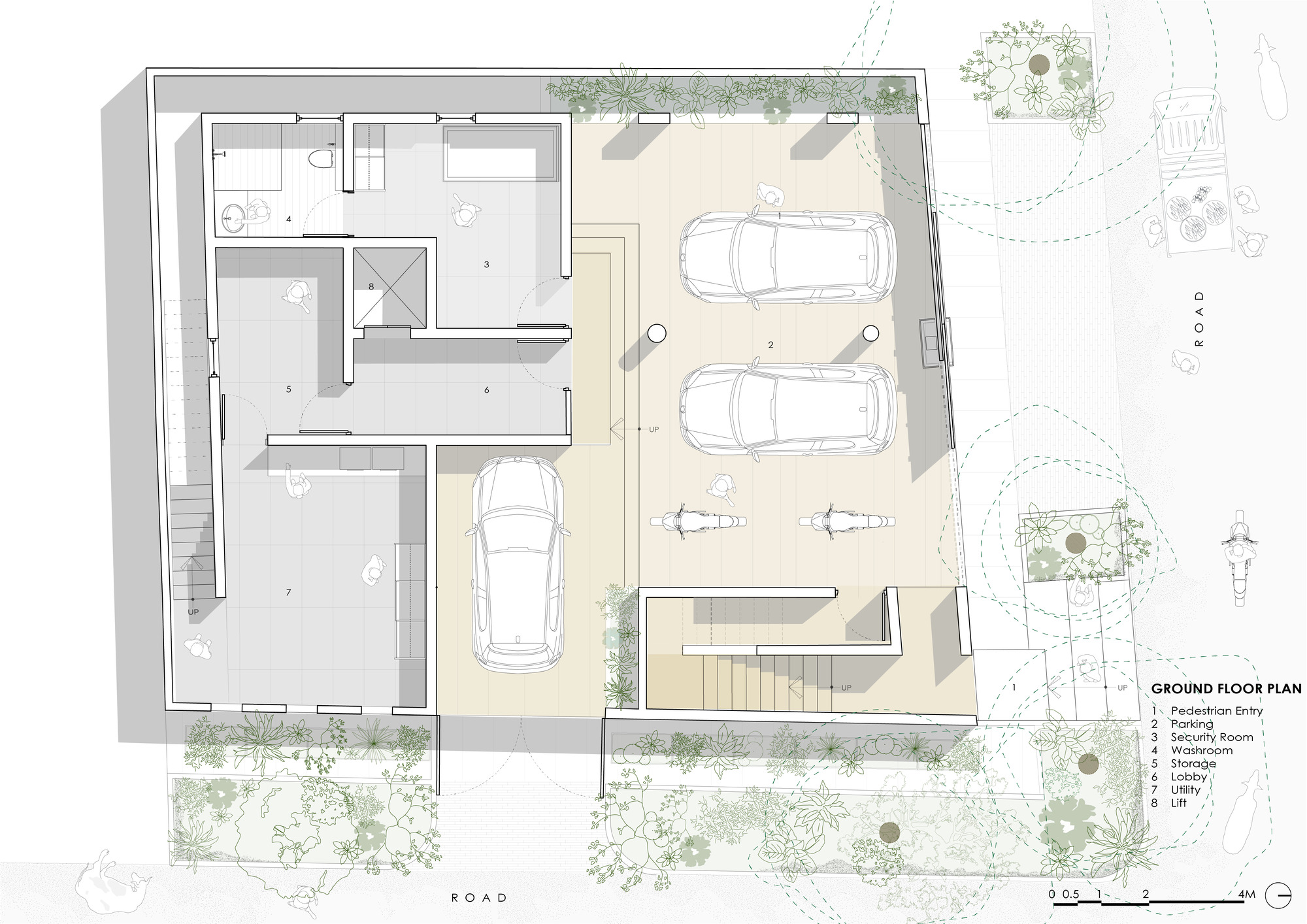Ground floor plan drawing showing parking area, staircase, and rooms with planted beds at the perimeter