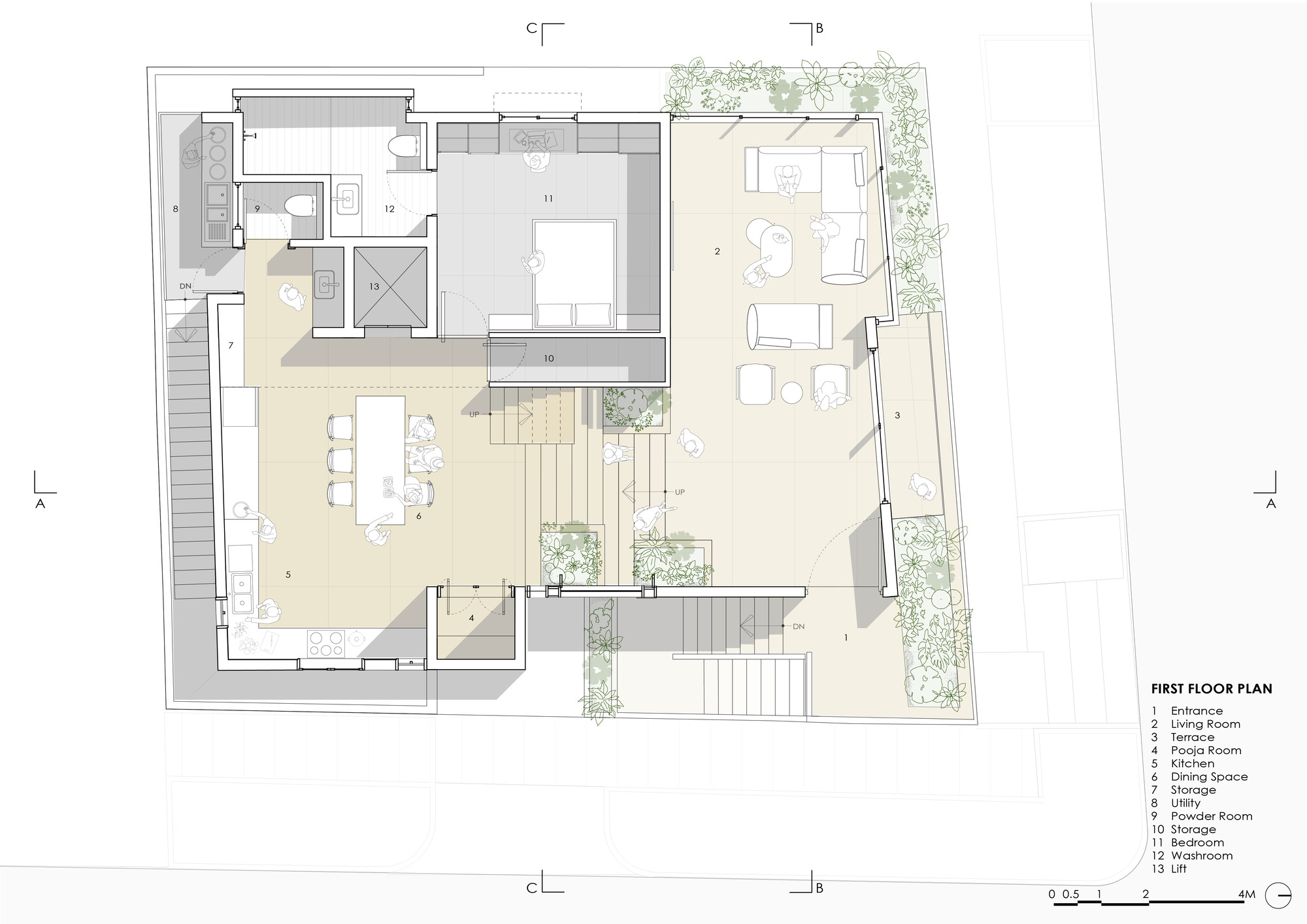 First floor plan drawing showing living spaces wrapped around central stairwell with planted terraces