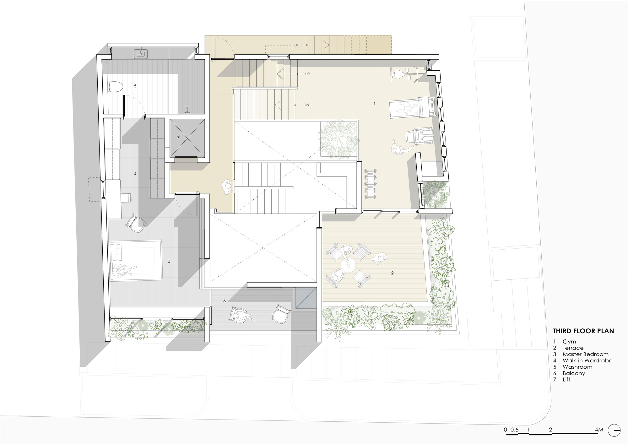 Third floor plan drawing showing master bedroom and terraces with integrated greenery