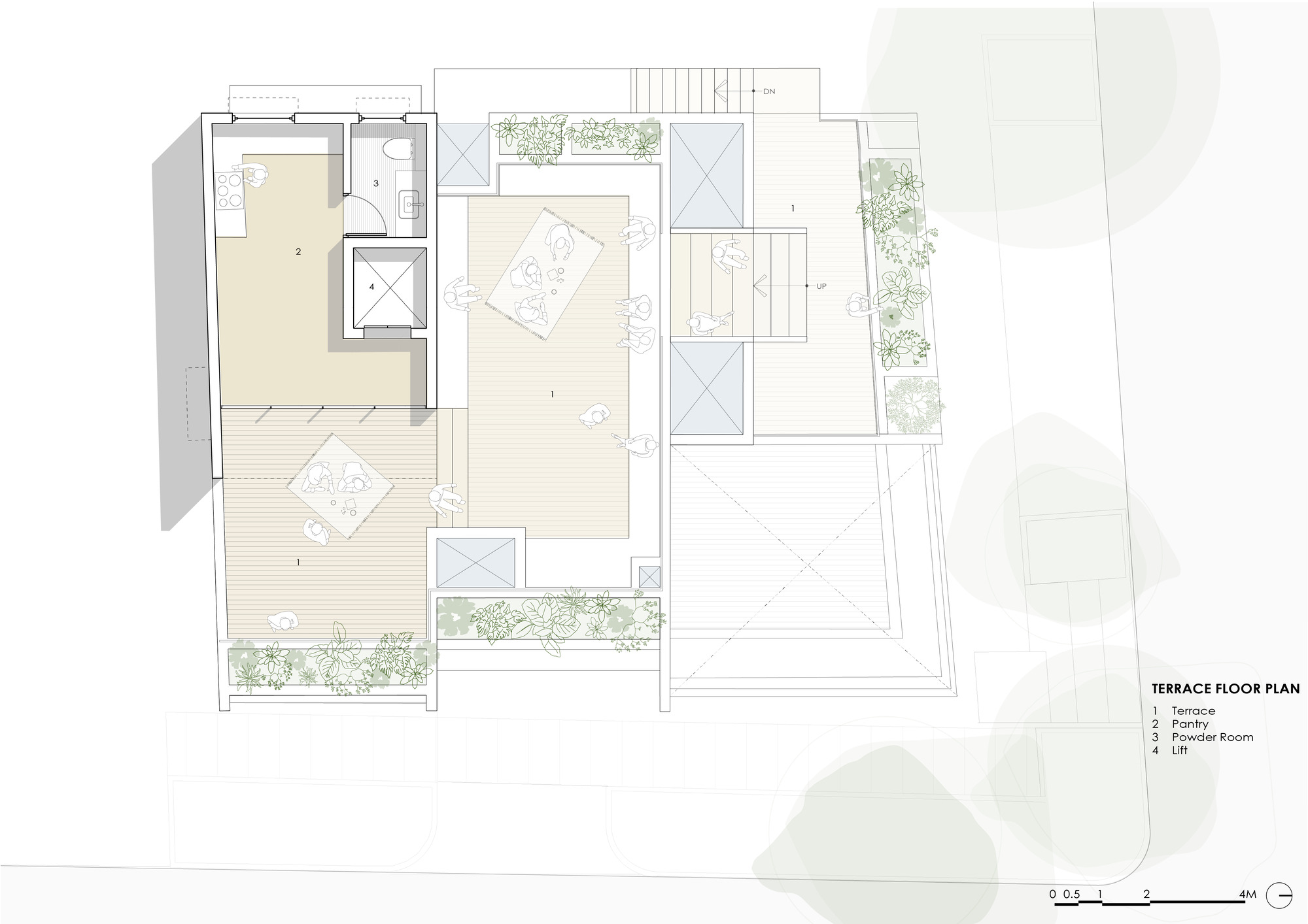 Terrace floor plan drawing showing rooftop deck with powder room and planted beds