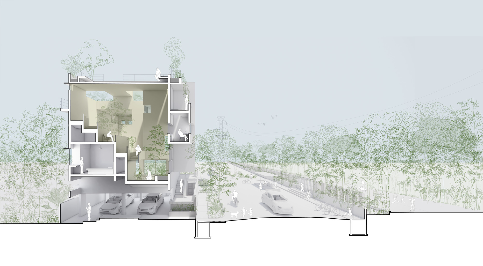 Section drawing showing multilevel house with internal courtyards and rooftop trees among surrounding vegetation