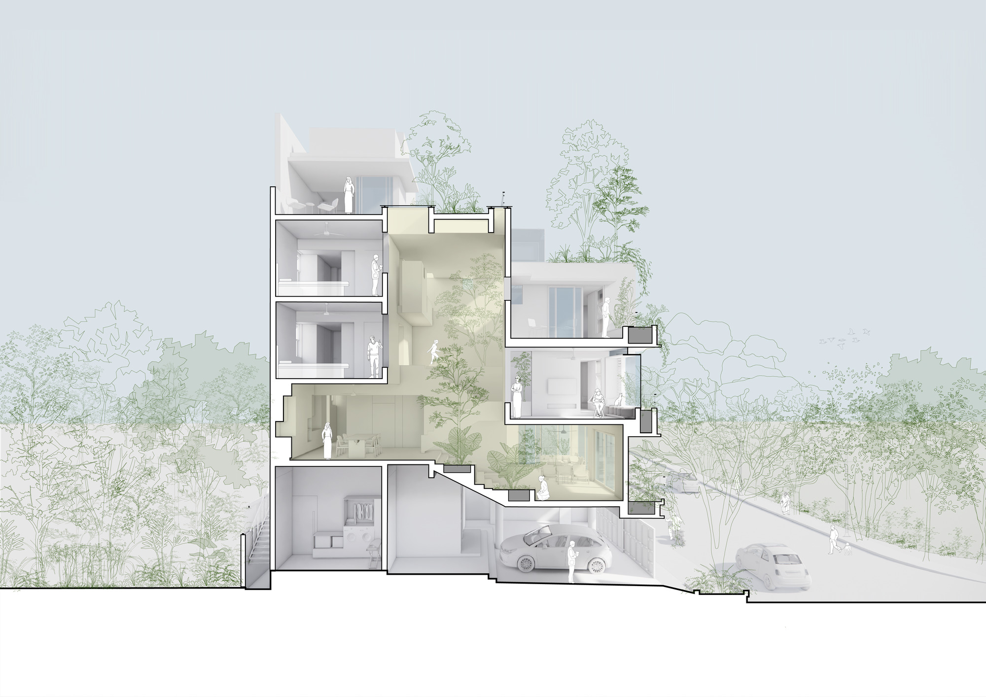 Section drawing showing stacked volumes with planted terraces stepping through four levels