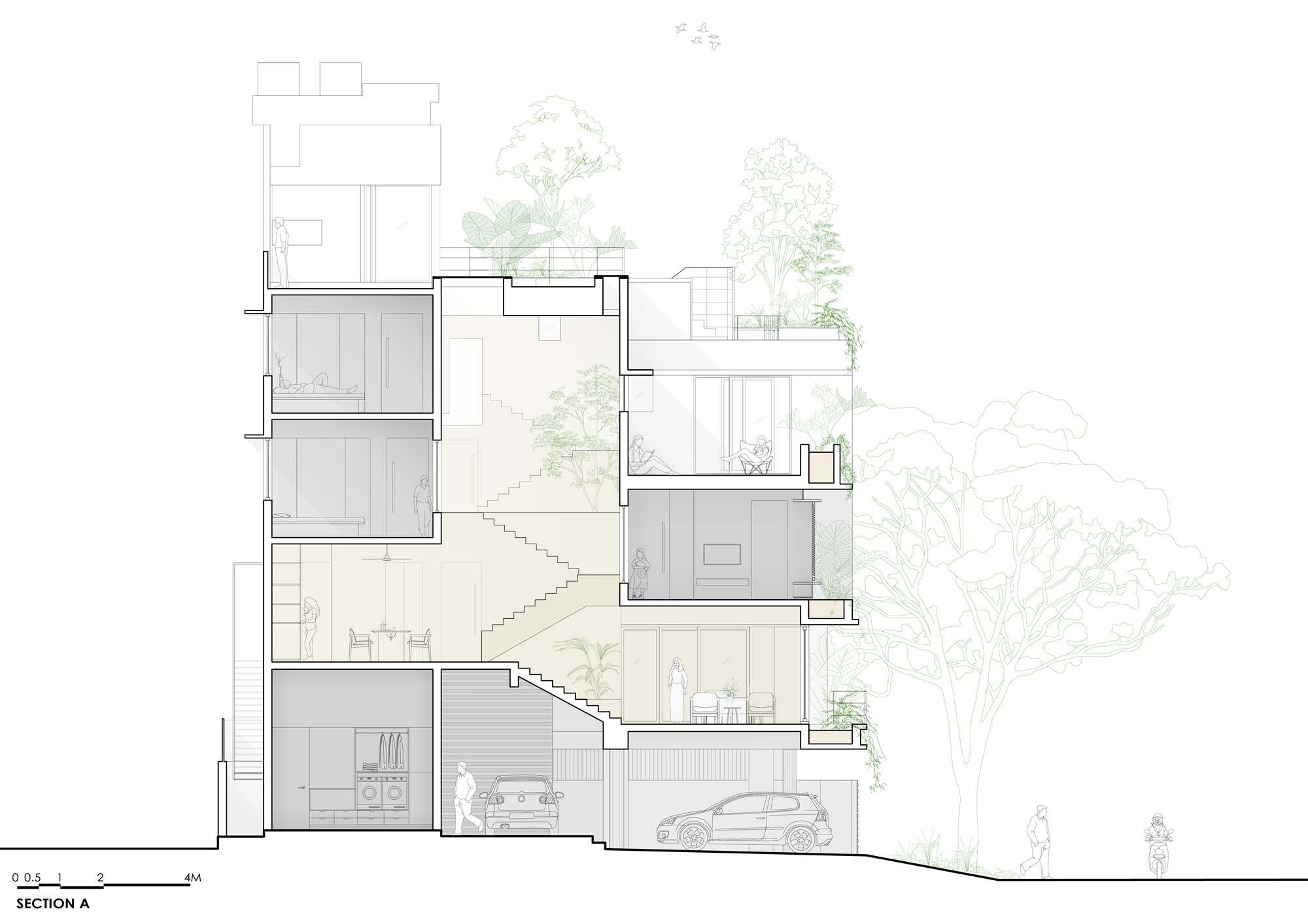 Section drawing showing staggered volumes with rooftop terraces and planted greenery throughout multiple levels