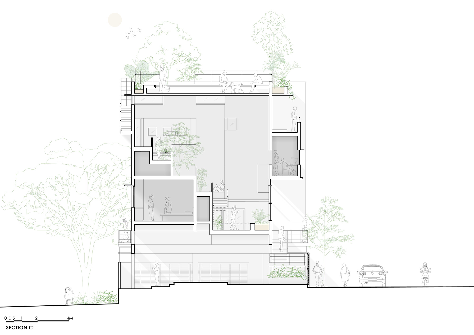 Section drawing revealing interlocking spaces with integrated courtyards and trees on various floor plates