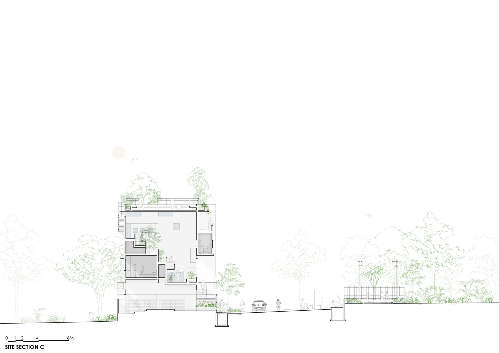 Site section drawing depicting the residence among surrounding trees with a neighboring structure in the distance