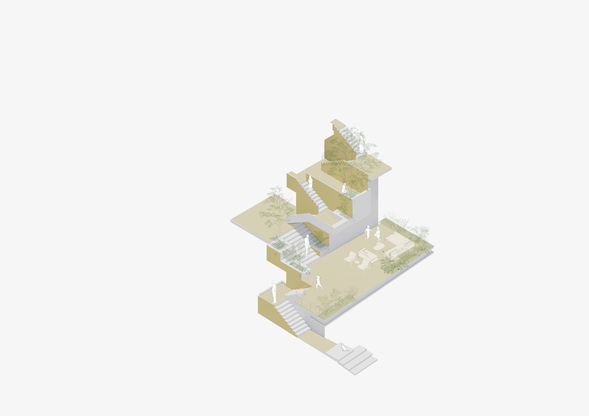 Exploded axonometric drawing illustrating the vertical circulation connecting three floor levels with exterior stairs