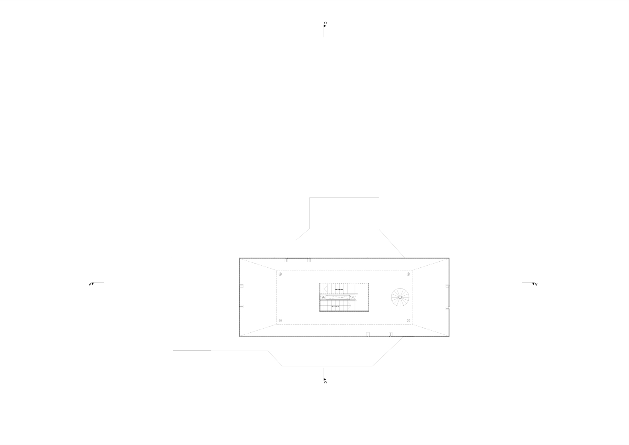 Site plan drawing showing a rectangular volume with central courtyard and entrance tower