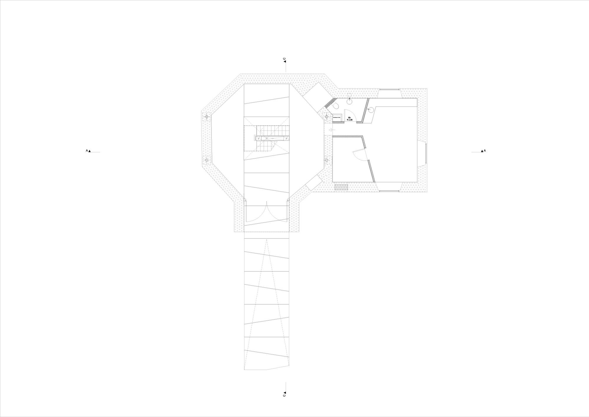 Floor plan drawing revealing a linear arrangement with stairs and two distinct spatial zones