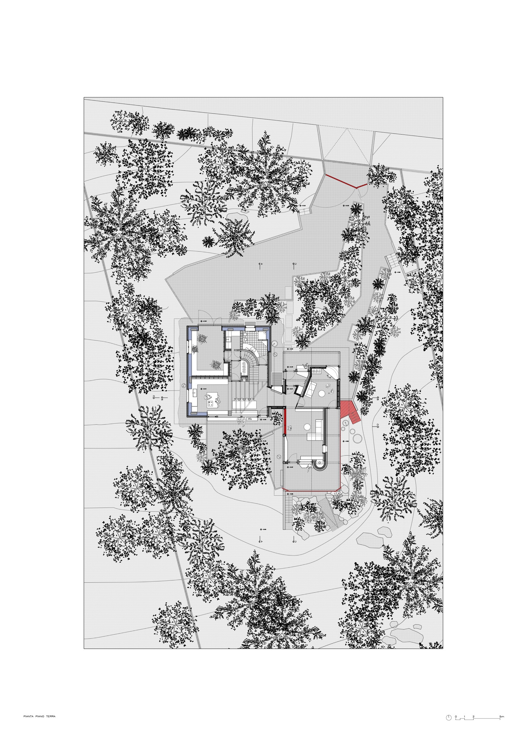 Site plan drawing depicting residential structure with red accent elements amid dense tree coverage