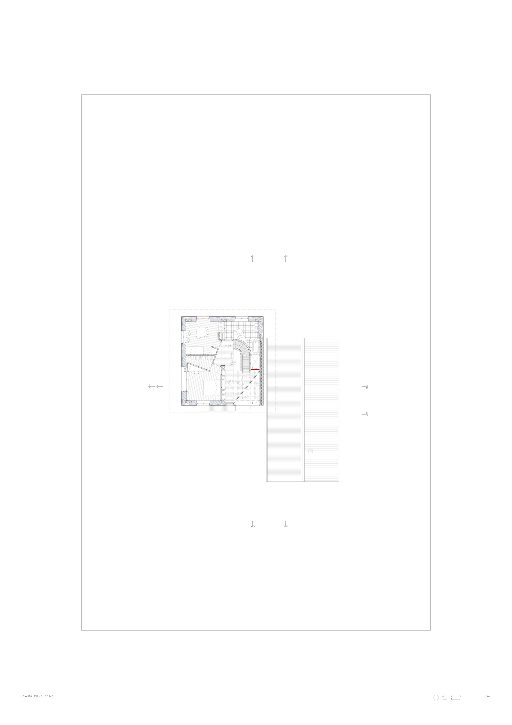 Floor plan drawing showing two rectangular volumes with curved interior staircase and room divisions