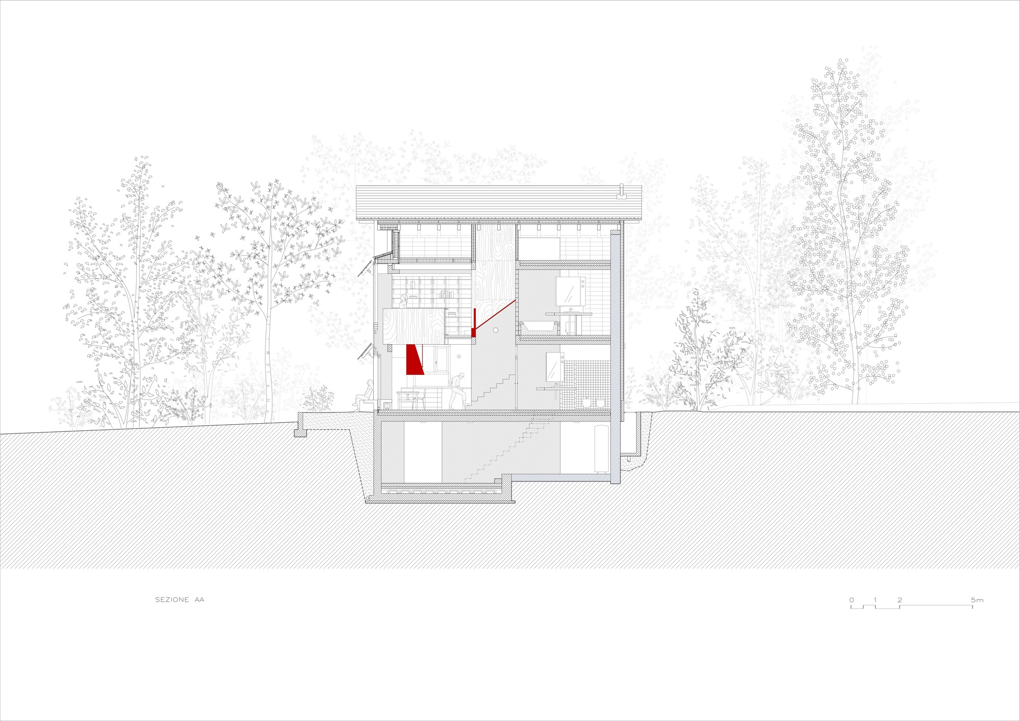 Building section drawing revealing split-level interior spaces with red accent wall between flanking trees