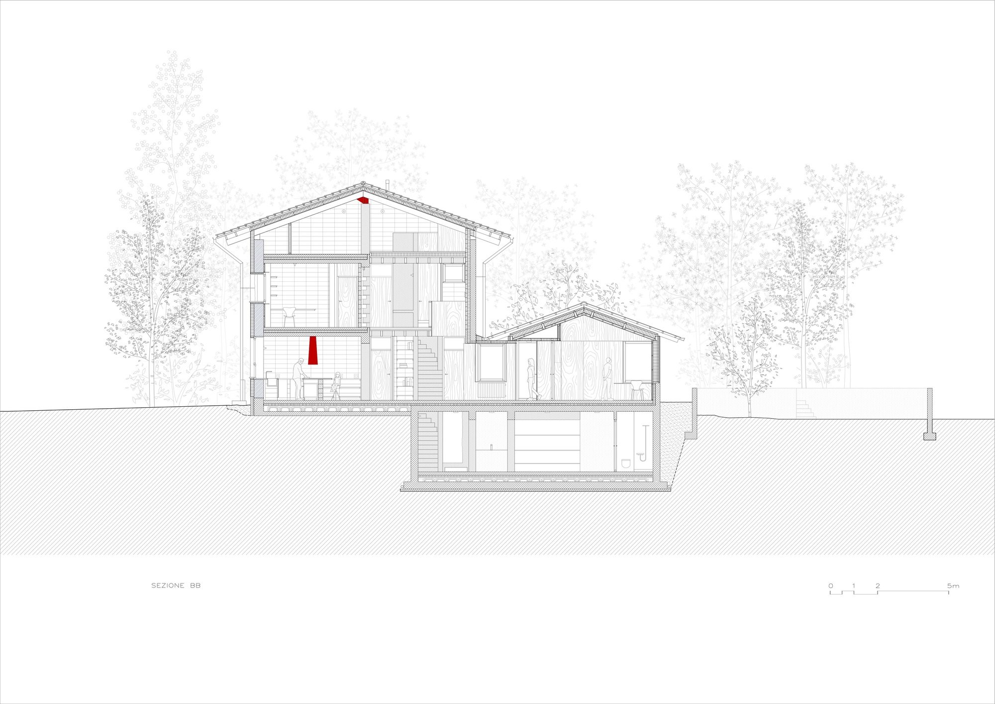 Building section drawing showing two gabled volumes at different heights with exposed staircases and red elements