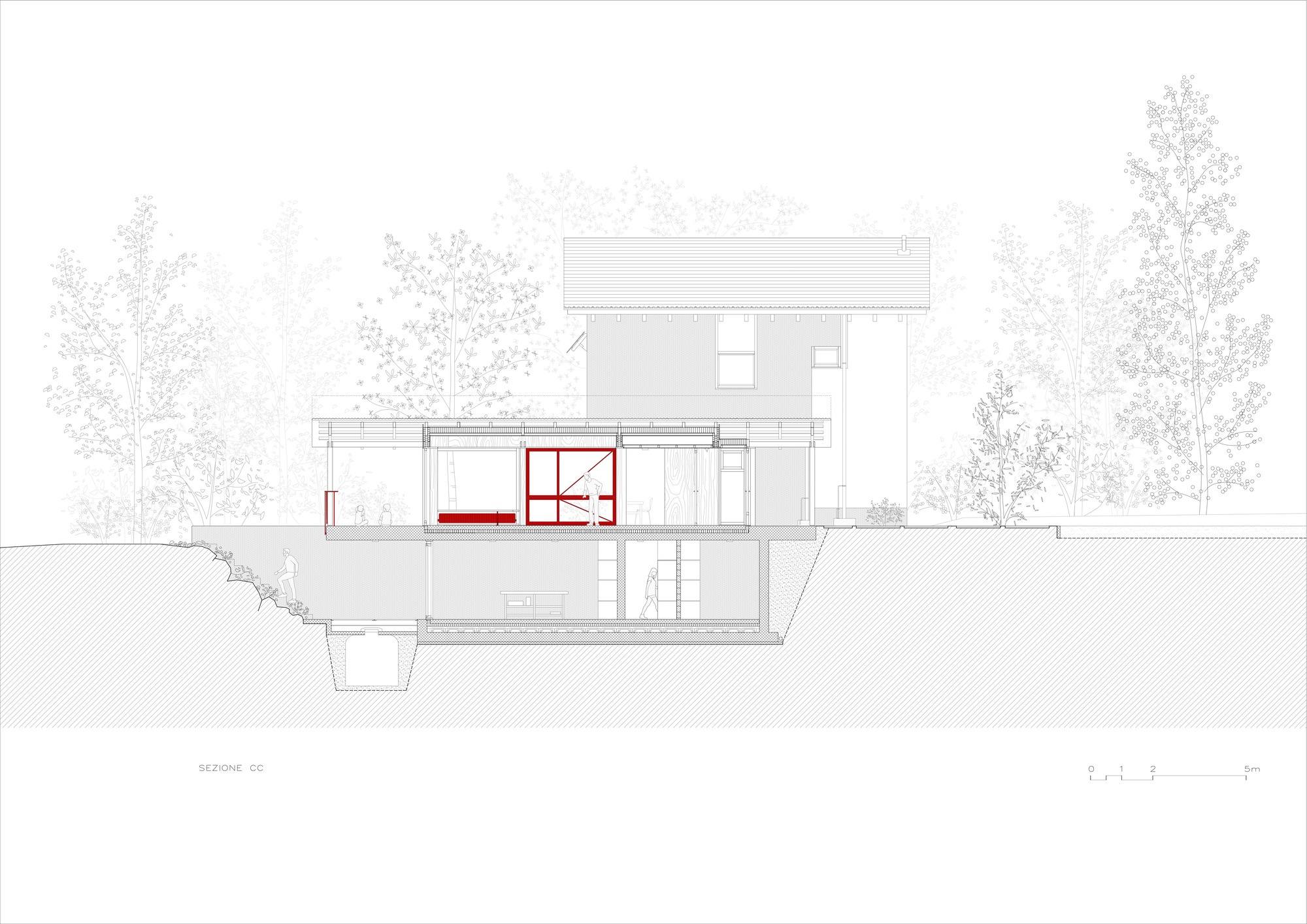Building section drawing displaying covered terrace with red glazing framed by columns beneath sloped terrain