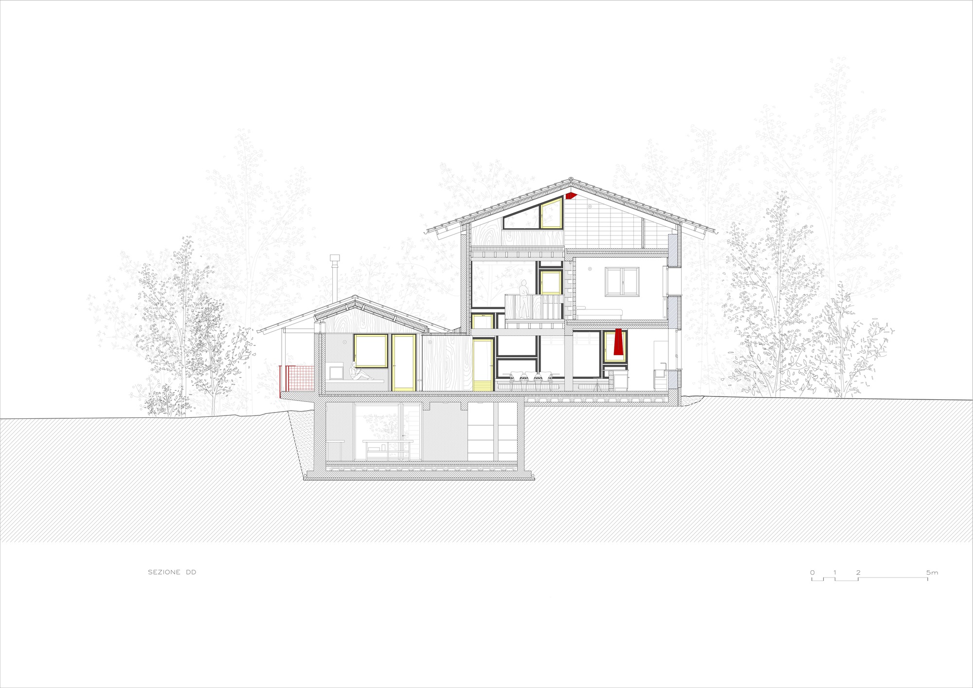 Section drawing showing a two-story gabled house with basement level and surrounding trees