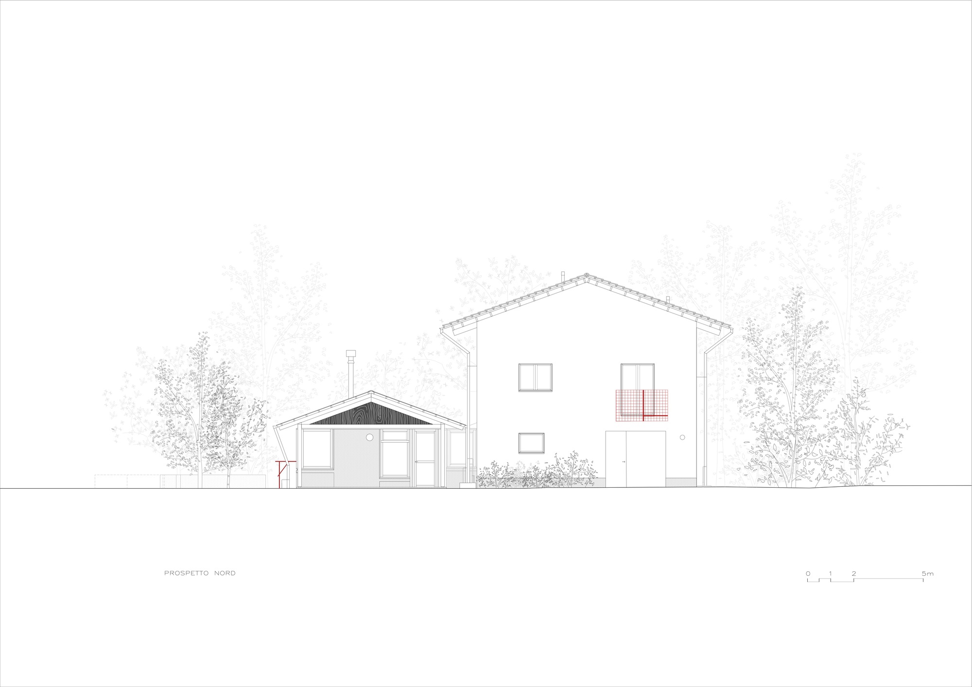 Elevation drawing of a two-story house with gabled annex surrounded by rendered trees