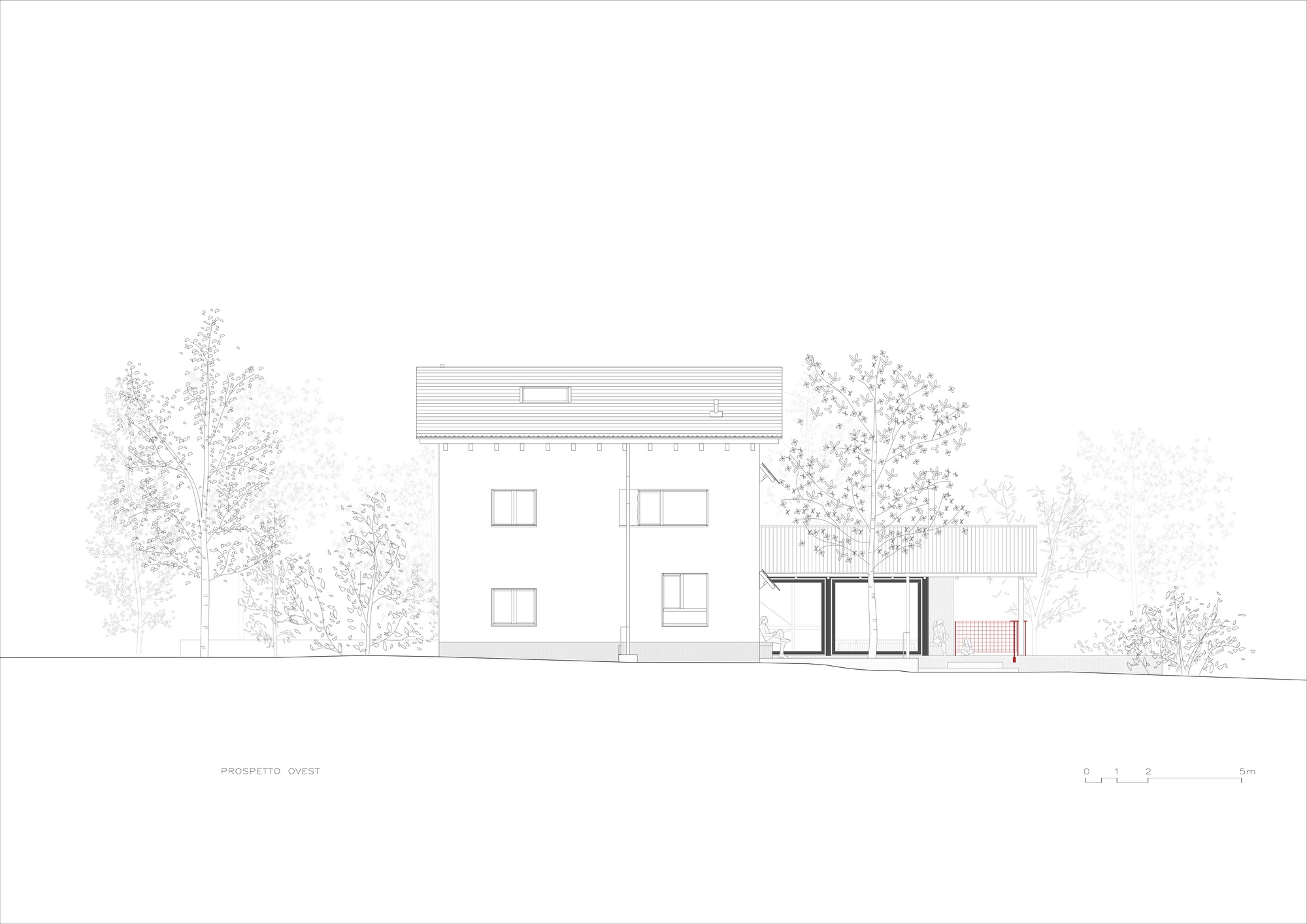 Elevation drawing of a rectangular house with upper terrace and lower annex volume