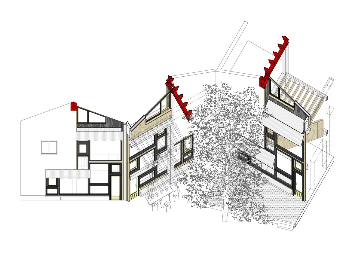 Axonometric drawing showing sectioned house volumes with red zigzag staircases and central tree