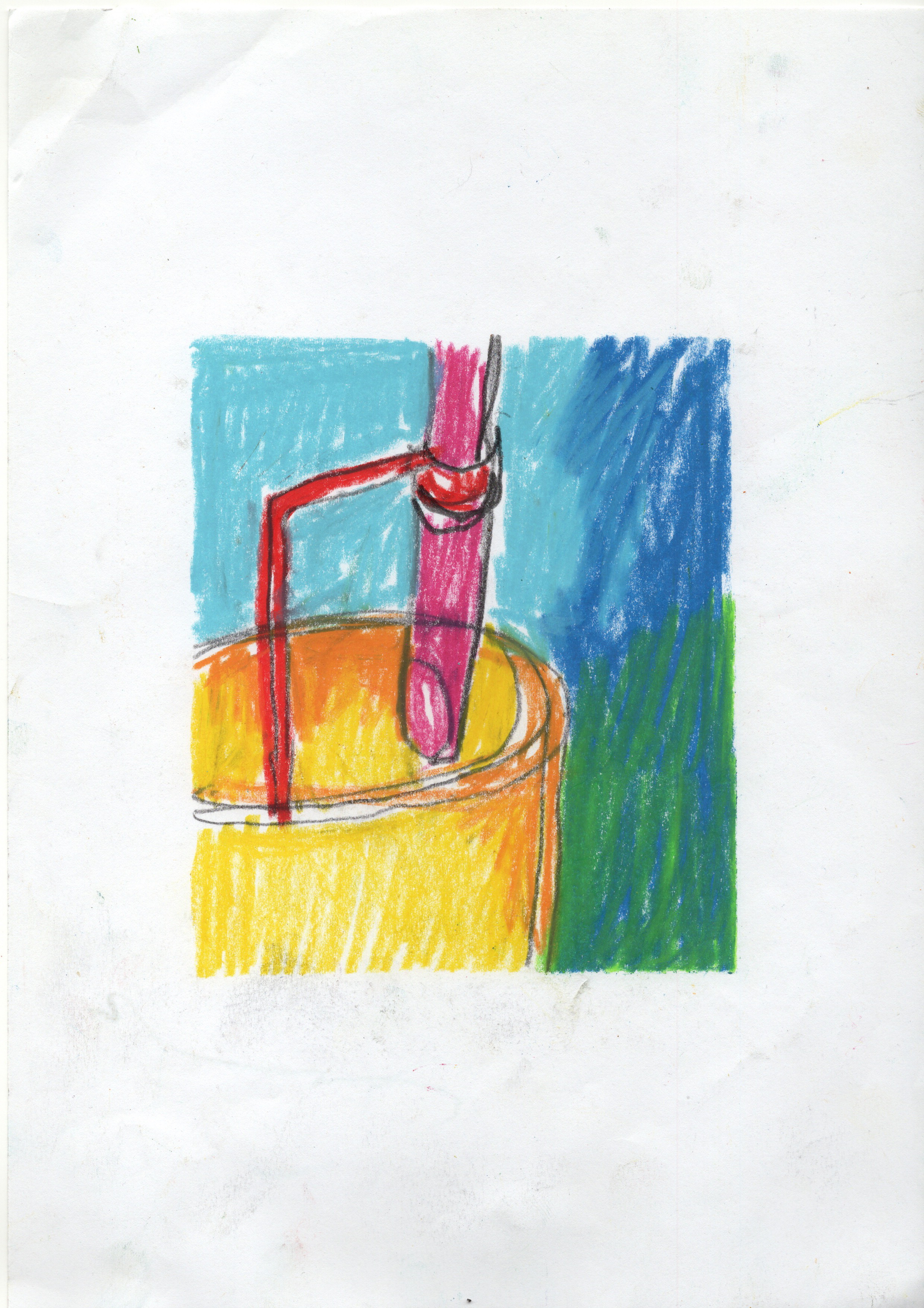 Colored pencil sketch of a cylindrical column with pink fabric wrapping and red strapping detail