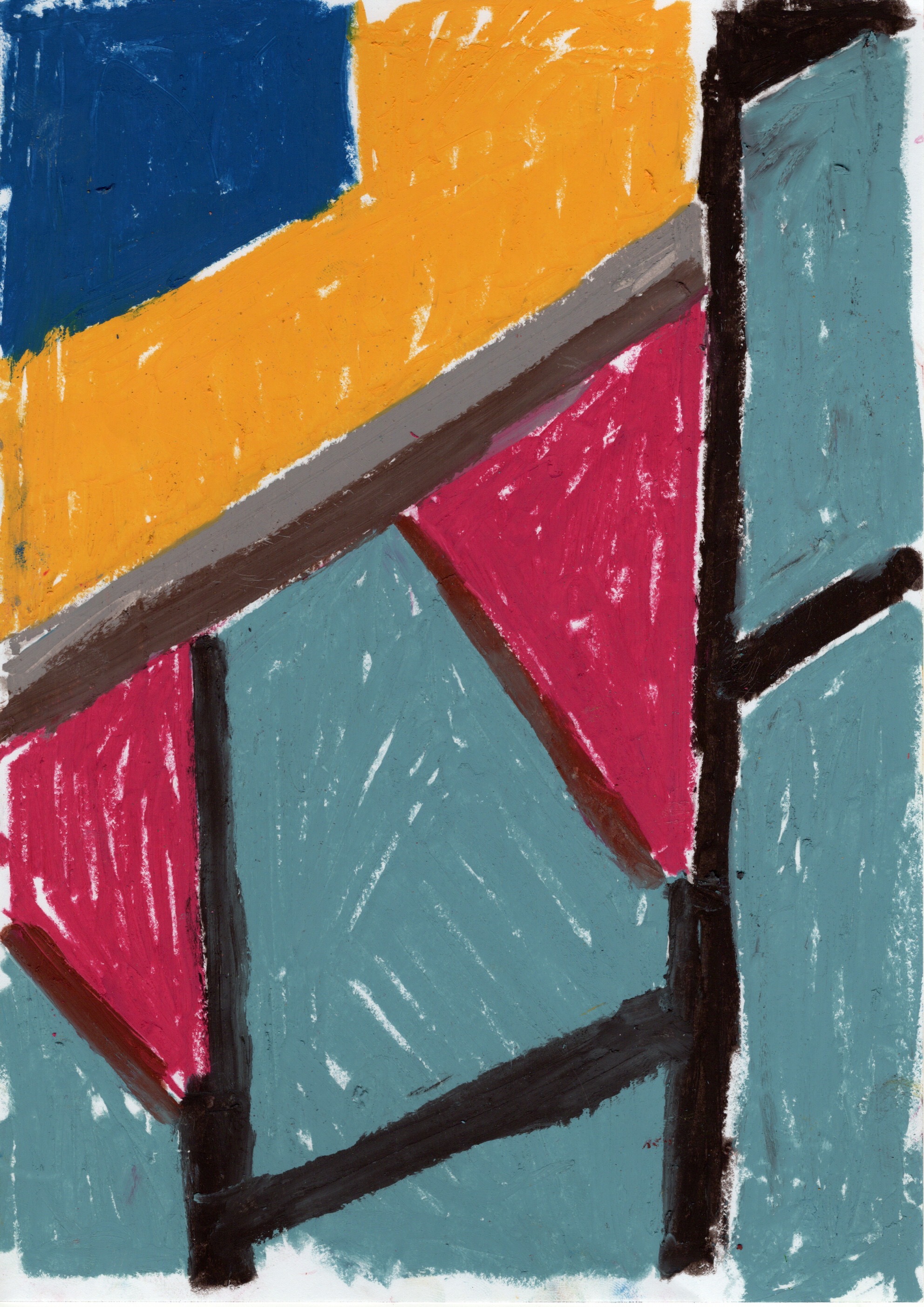 Close-up drawing of structural framing with pink triangular panels between blue and orange surfaces