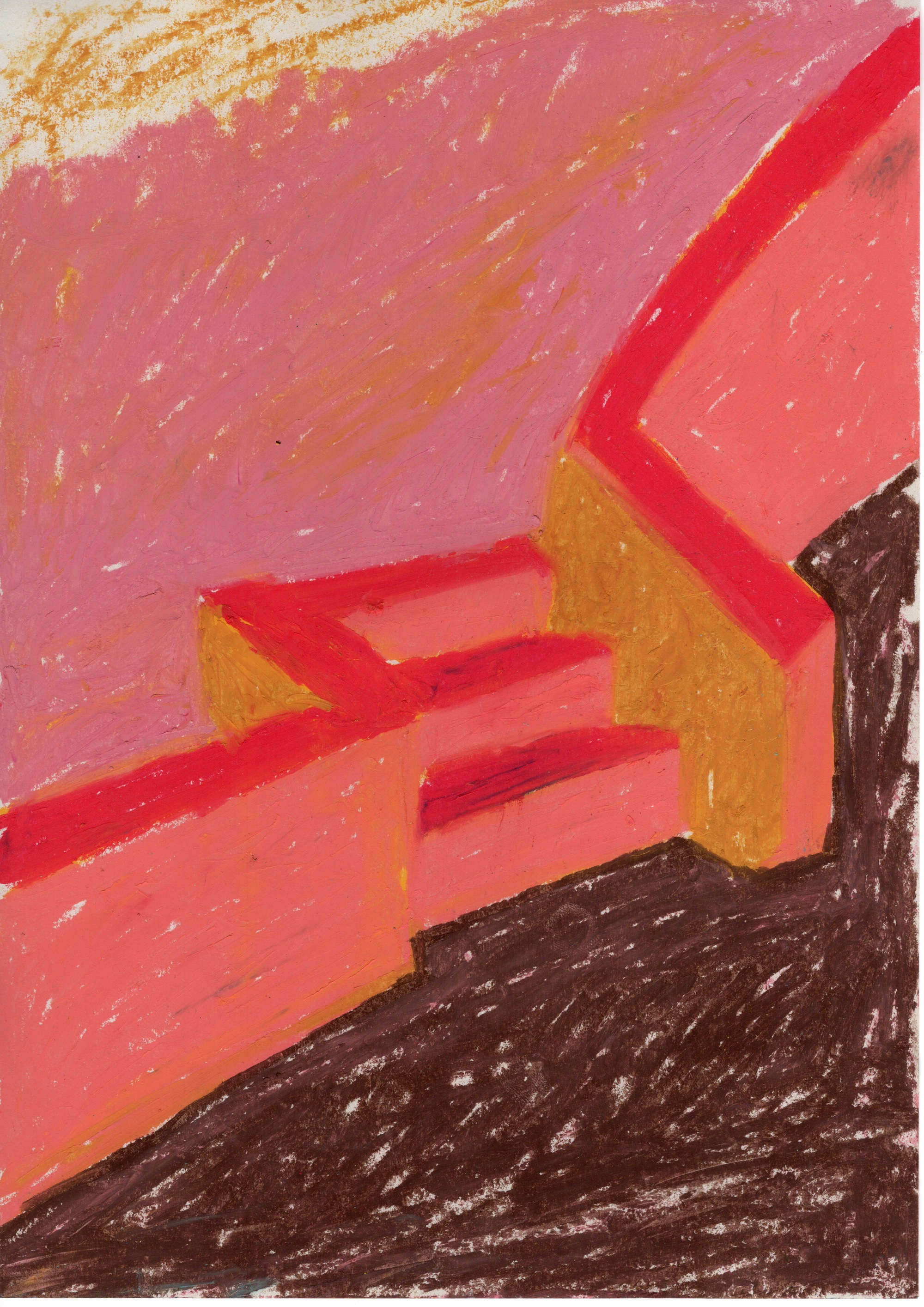 Pastel sketch of angled roof planes in coral and pink tones against darkened ground