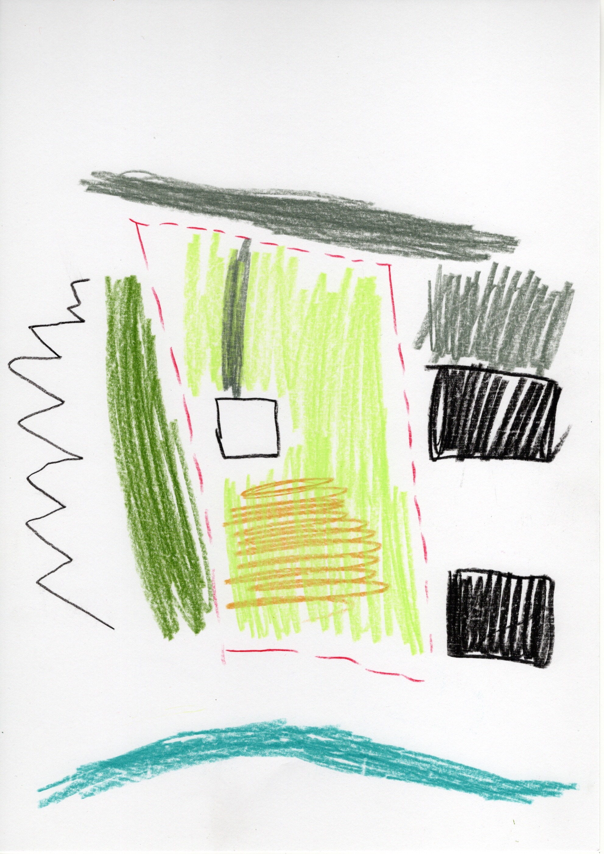 Conceptual sketch showing spatial zones with colored pencil hatching and outlined boundary forms