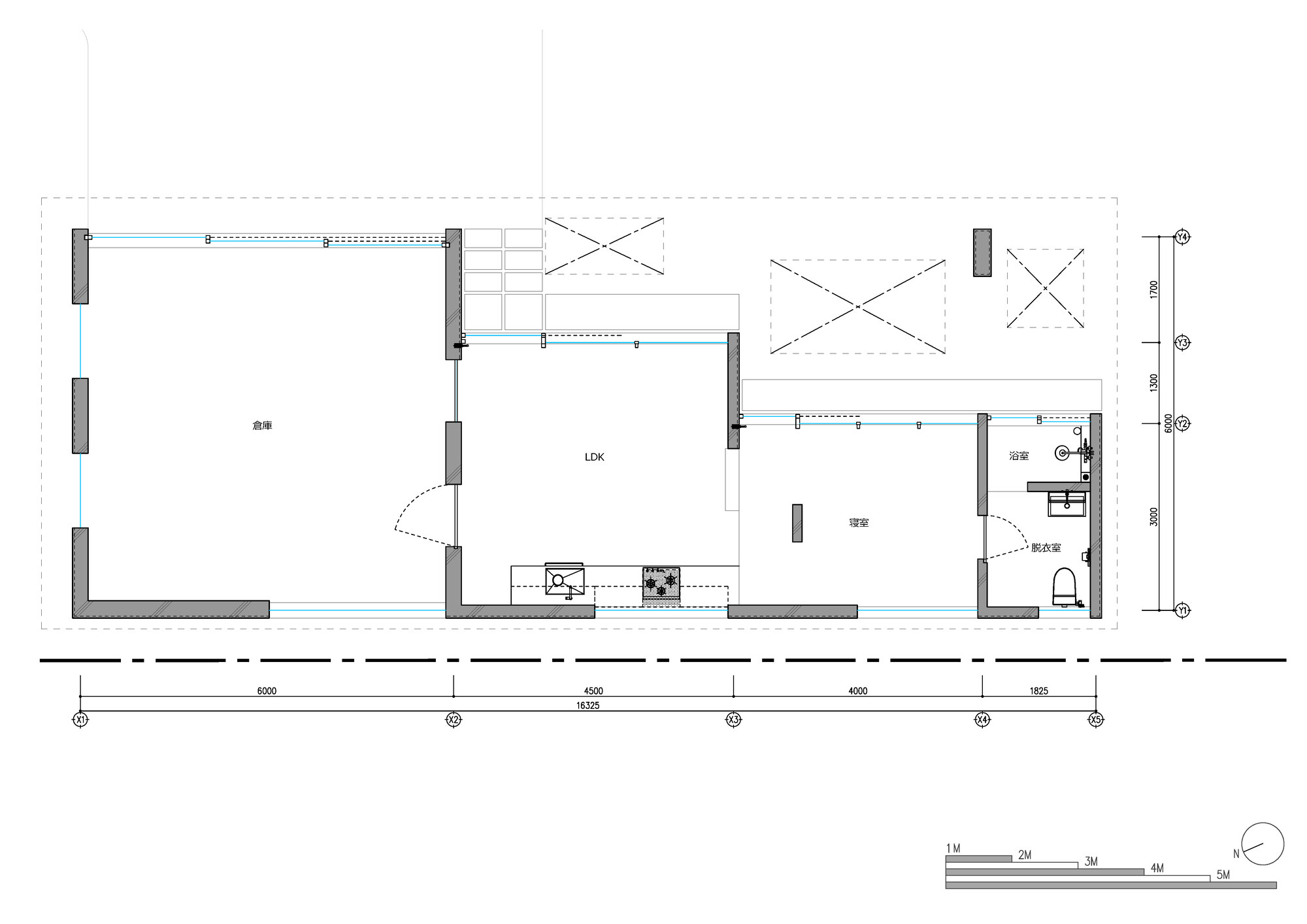Floor plan drawing showing three linked rectangular volumes with central living space and courtyard openings