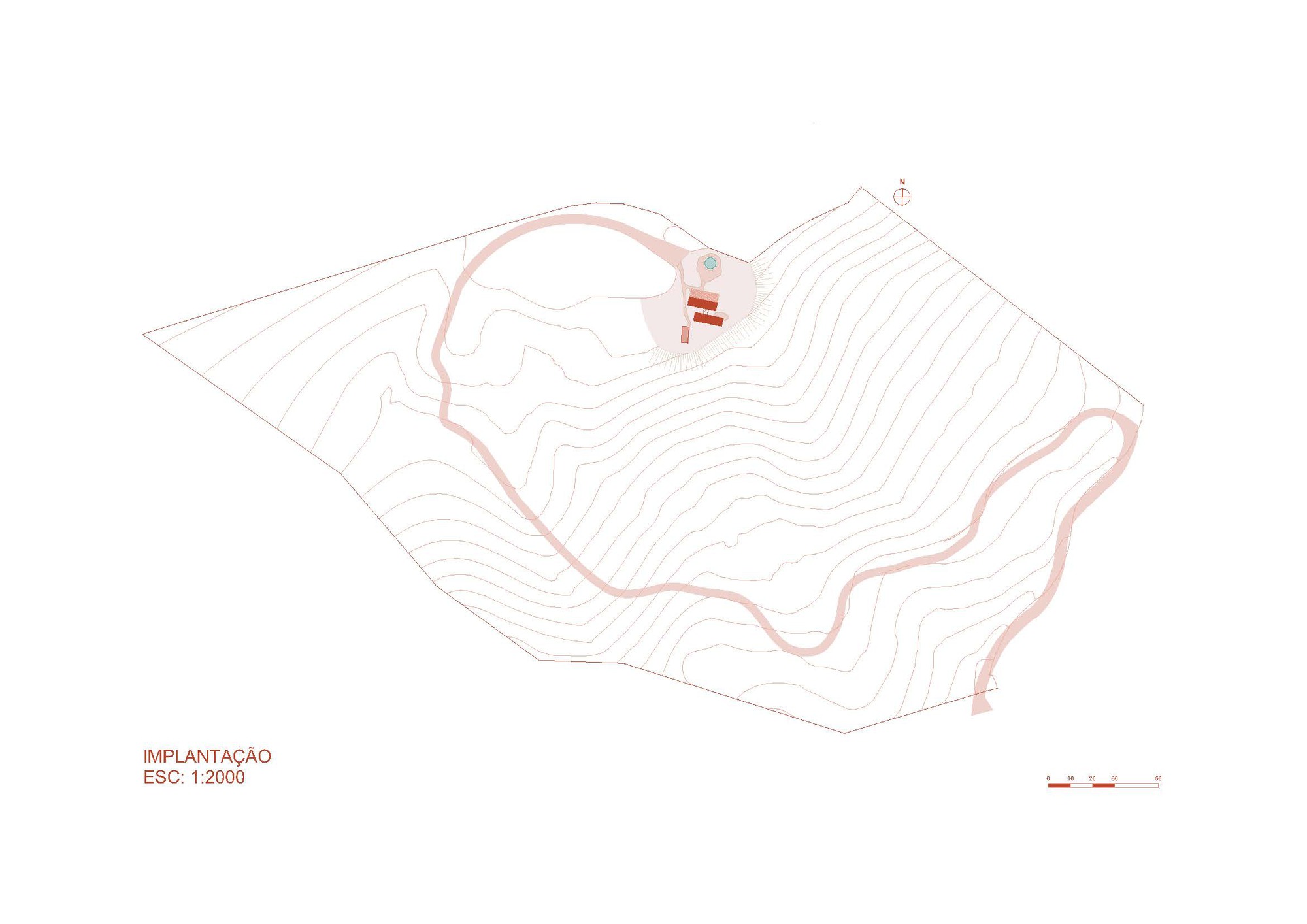 Site plan drawing showing the building footprint with topographic contour lines across the sloped terrain