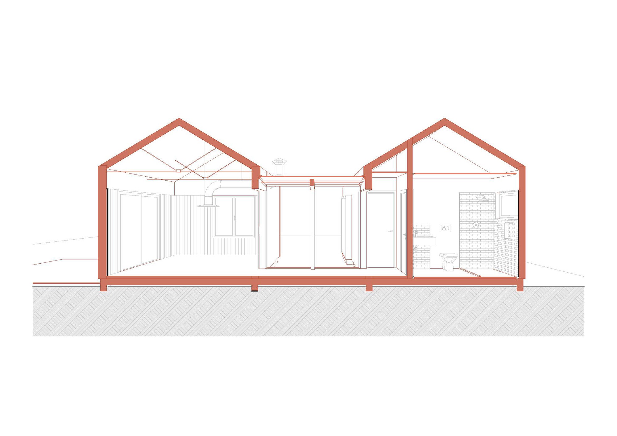 Section drawing revealing two gabled volumes joined by a flat-roofed link with interior room configurations