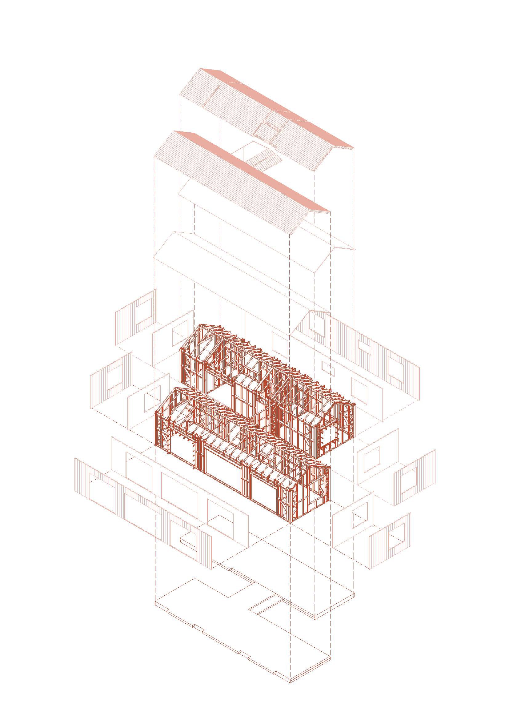 Exploded axonometric drawing showing the timber structural frame separated from roof and wall envelope layers