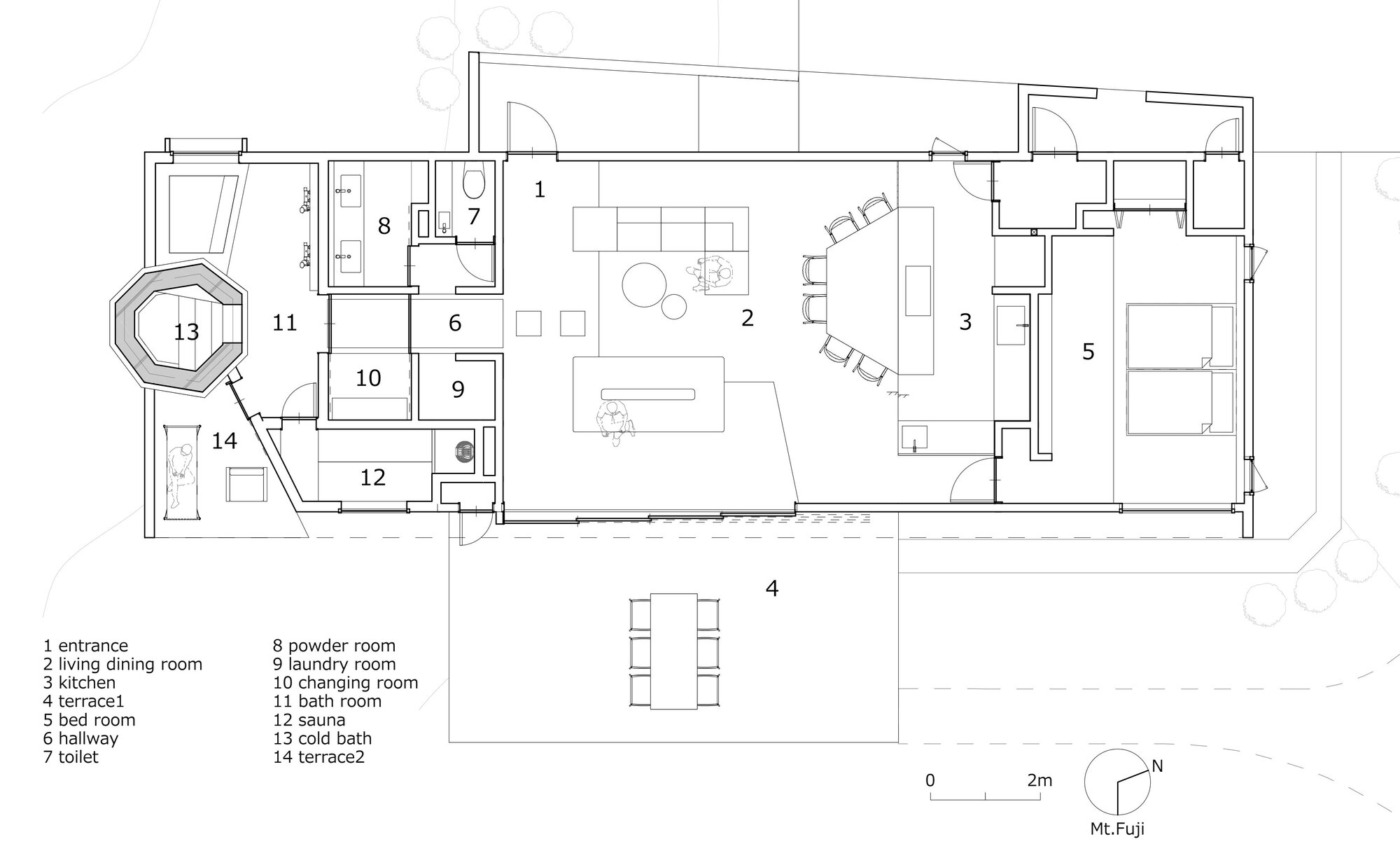 Floor plan drawing showing open living areas with octagonal bath and labeled rooms