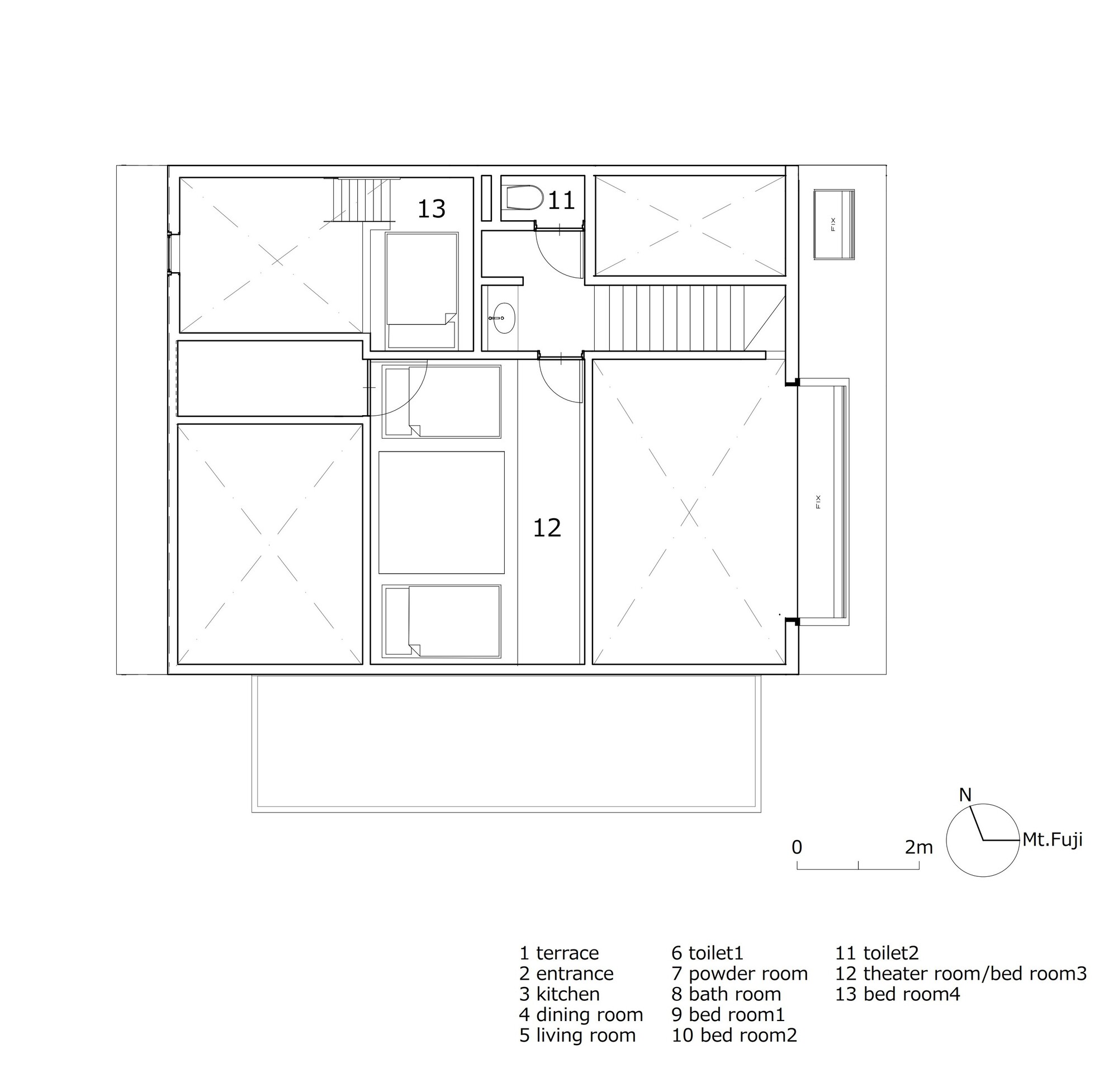 Upper floor plan drawing showing two bedrooms and a theater room with stairs