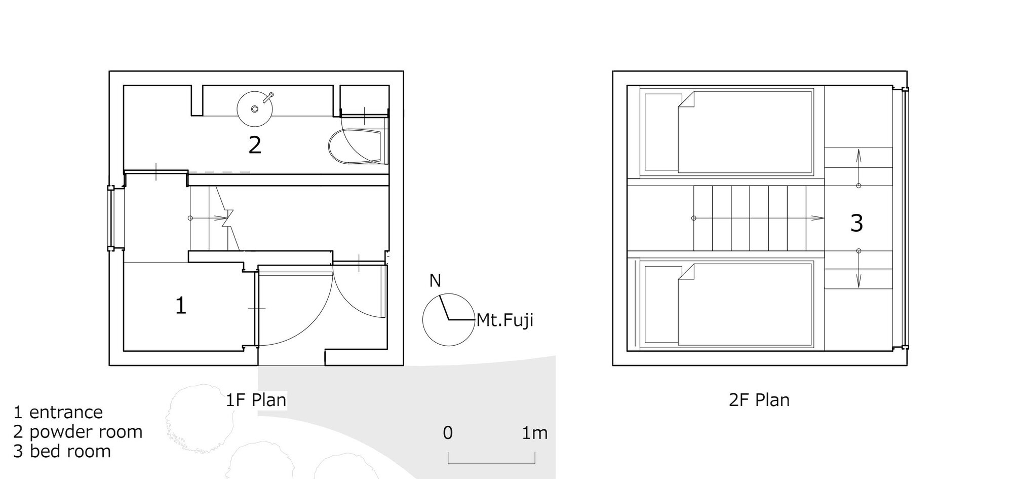 Two-level floor plan drawings showing entrance and powder room below, bedroom and stairs above