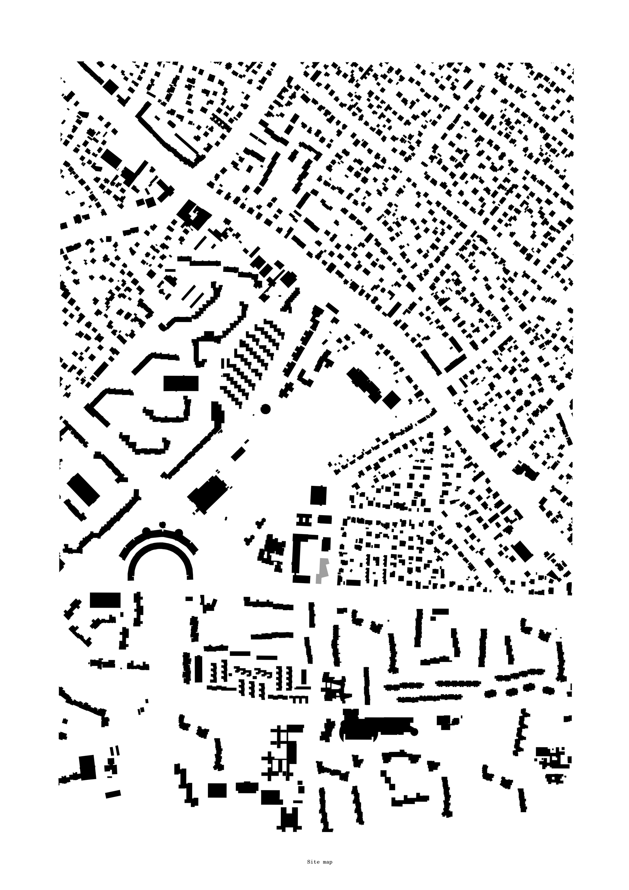 Site plan drawing showing angular building footprints amid urban fabric of surrounding streets and structures