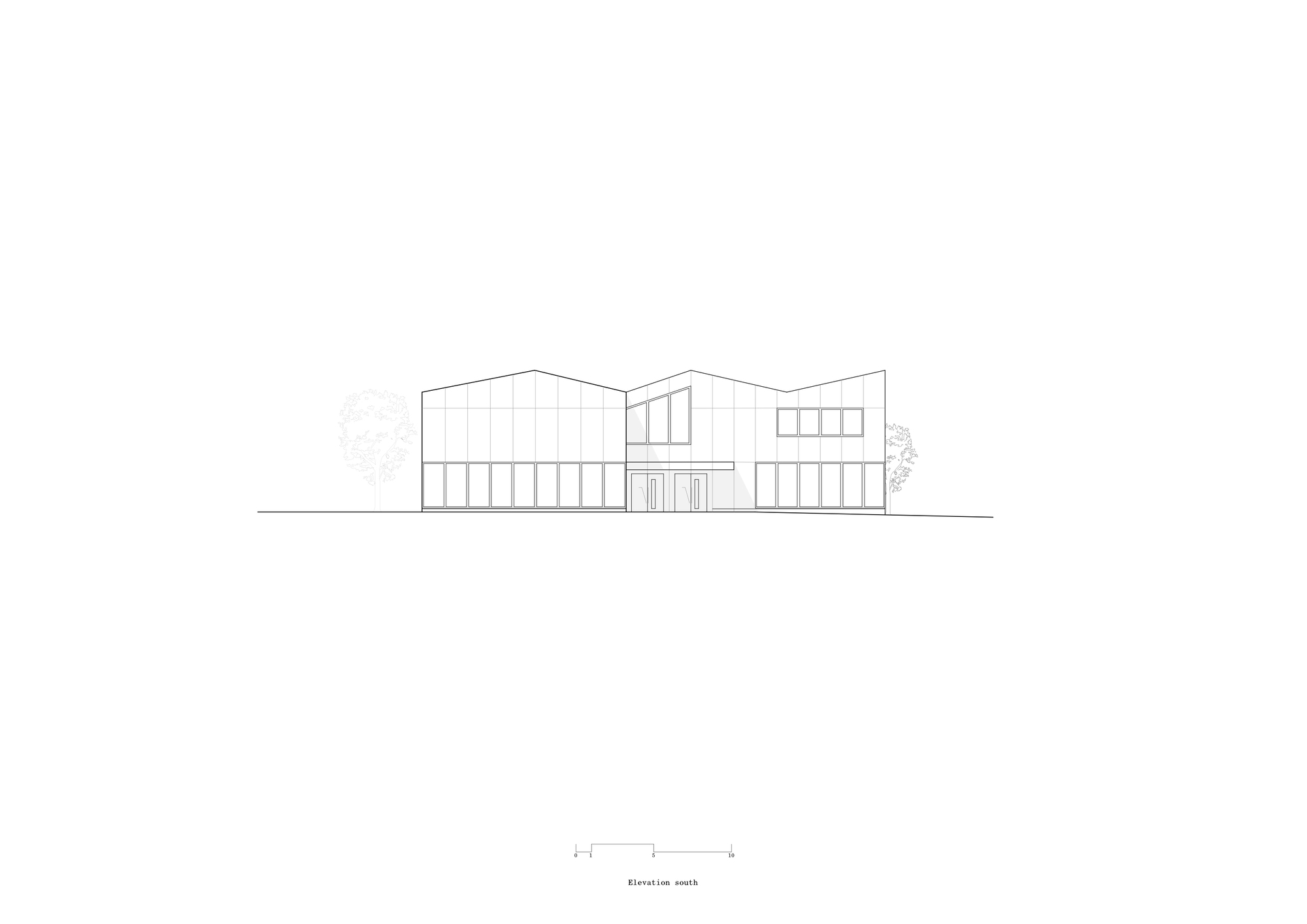 Elevation drawing of south facade with symmetrical gabled volumes and flanking trees