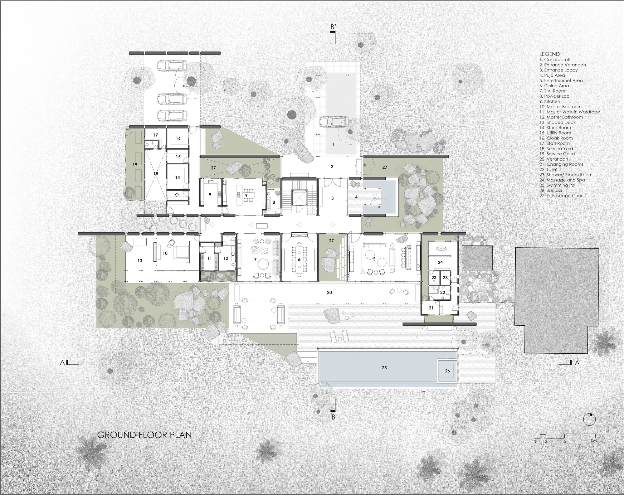 Ground floor plan drawing showing wing arrangement around courtyards with numbered rooms and landscaping elements