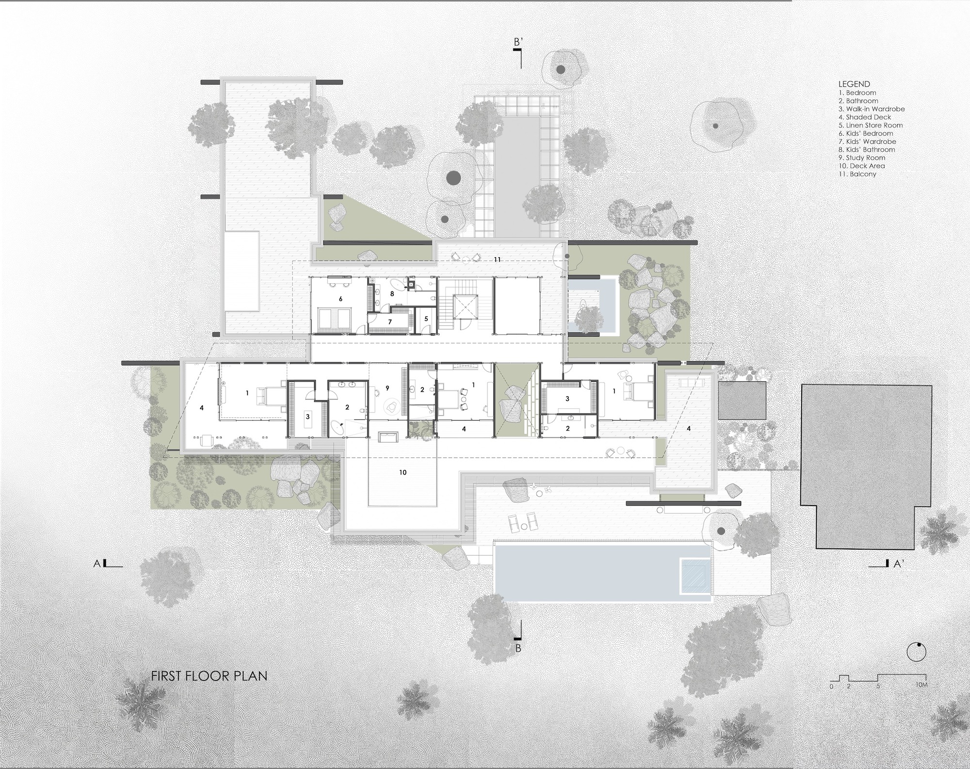 First floor plan drawing indicating bedroom suites and balcony areas above the lower level volumes